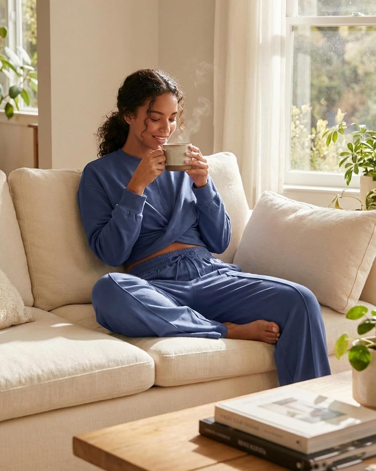 Women 2 Piece Outfits Long Sleeve Twist Front Cropped Sweatsuit High Waist Wide Leg Pants Lounge Matching Sets - Image 5