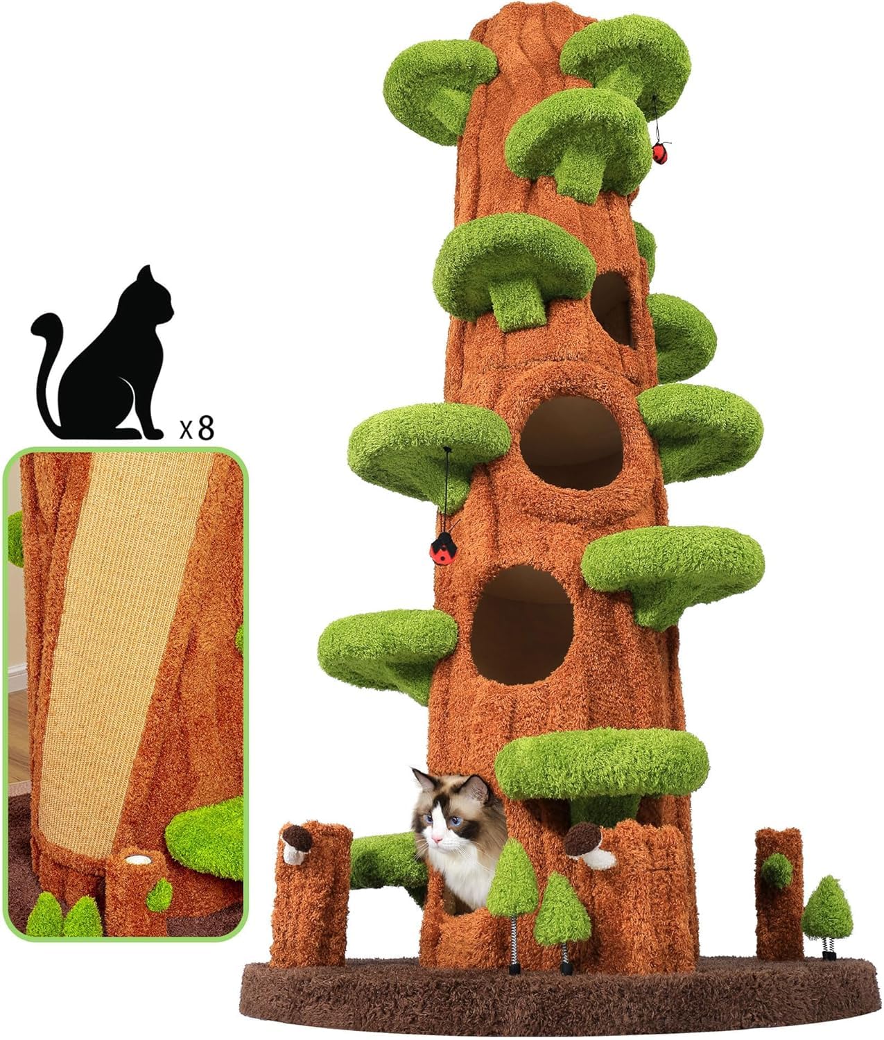 Super Large Cat Tree for Indoor Cats, All-in-One Tall Cats Tower with Scratching Post, Luxury Multi-Level Solid Wood Cat Condo for Multi-Cat Families (Green)