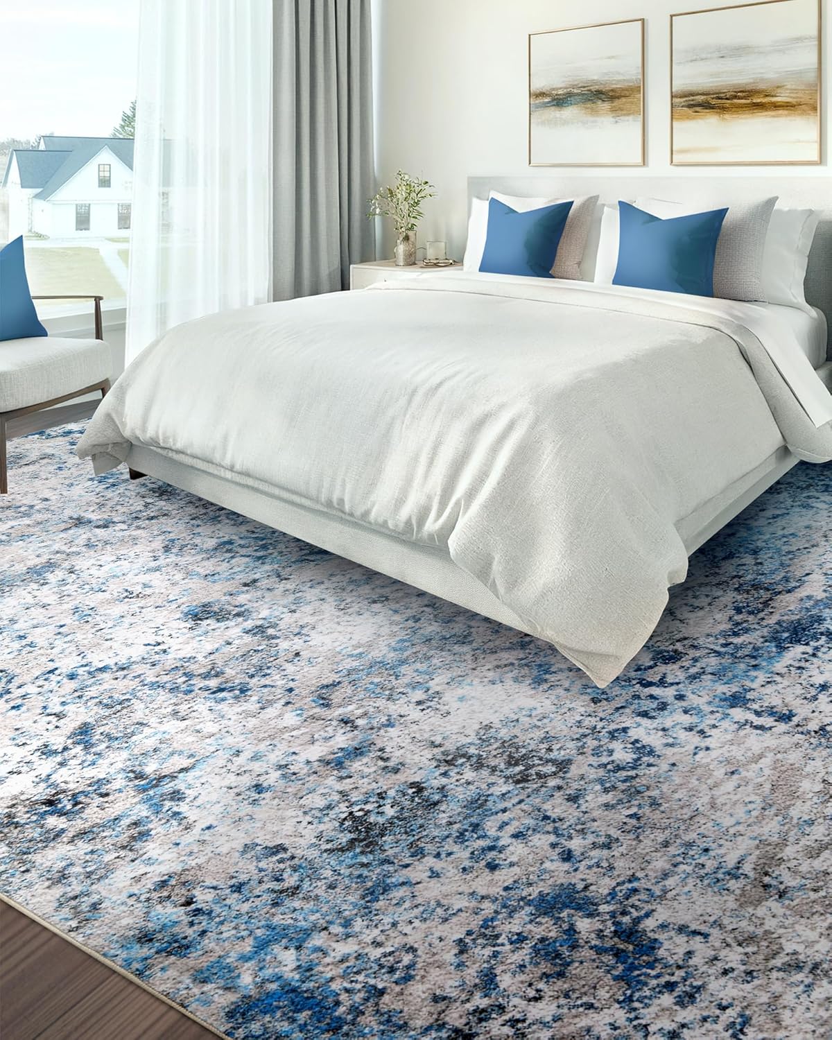 Washable Area Rug for Living Room: 8x10 Modern Abstract Neutral Soft Rug for Bedroom Dining Room No Slip Low Pile Carpet for Nursery Home Office - Grey/Blue