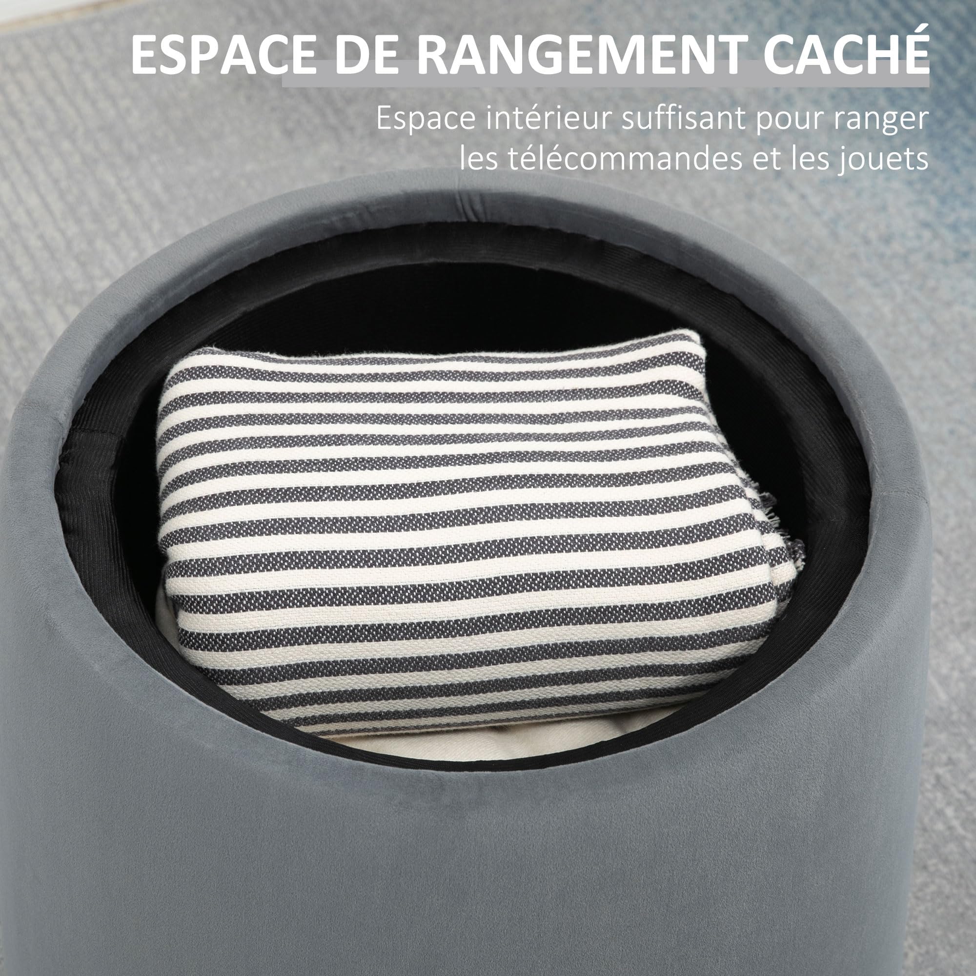 HOMCOM Pouf Coffre Rangement, Tabouret Rond avec Couvercle réversible, Pouf Repose-Pieds en Tissu Velours givré, pour la Chambre à Coucher, entrée, Salon, Charge 150 Kg, Ø 44 x 47,5 cm, Gris