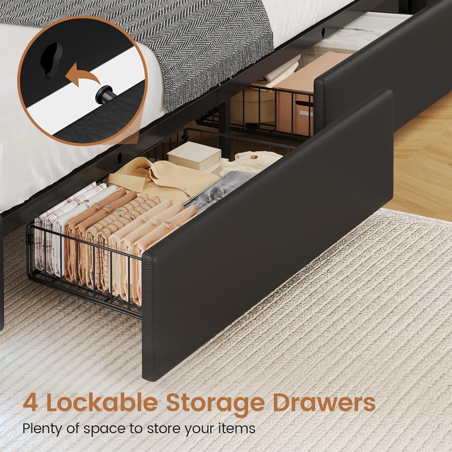 Close-up of one of the four lockable storage drawers under the bed frame, filled with folded clothes