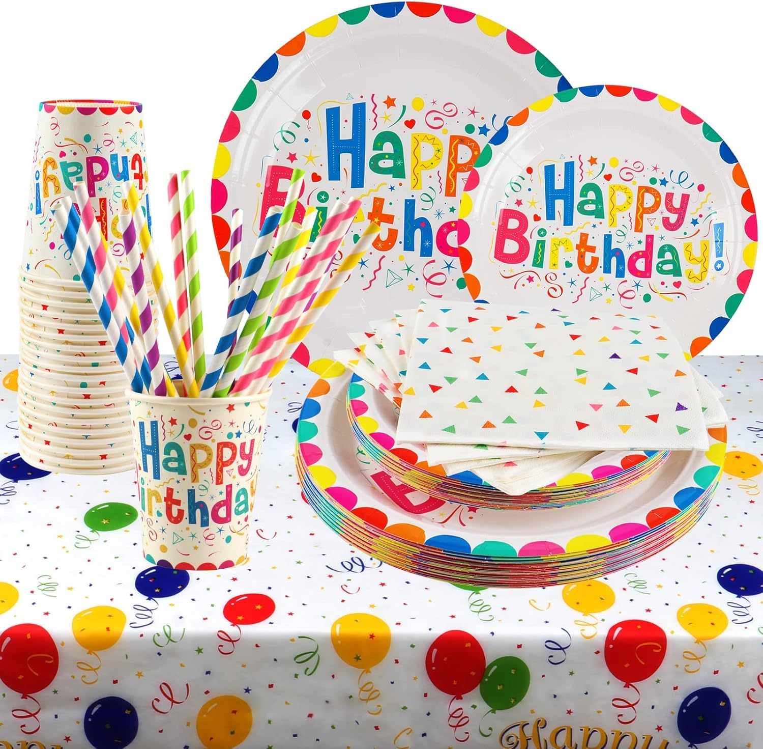 101 PCs Happy Birthday Plates and Napkins Rainbow Party Paper Plates Cups Straws Table Cloth Kids Birthday Party Supplies Decorations Serves 20
