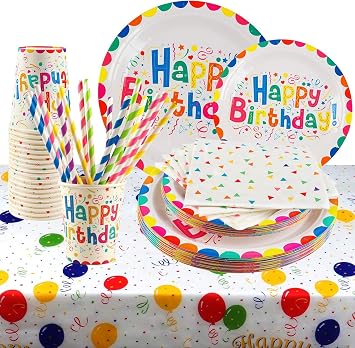 101 PCs Happy Birthday Plates and Napkins Rainbow Party Paper Plates Cups Straws Table Cloth Kids Birthday Party Supplies Decorations Serves 20