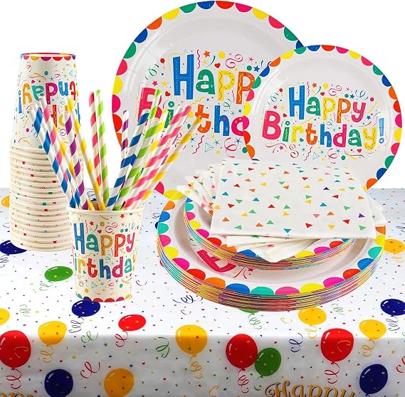 101 PCs Happy Birthday Plates and Napkins Rainbow Party Paper Plates Cups Straws Table Cloth Kids Birthday Party Supplies Decorations Serves 20
