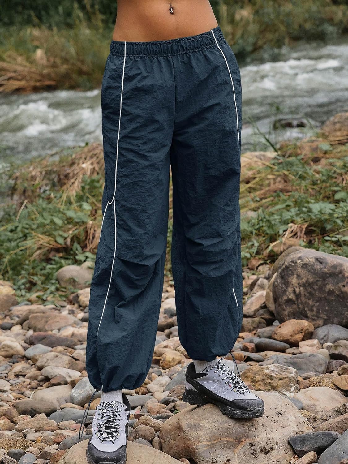 Yousify Womens Baggy Parachute Pants Wide Leg Elastic Waisted Contrast Track Pants Y2K Hiking Jogger Sweatpants with Pockets - Image 5