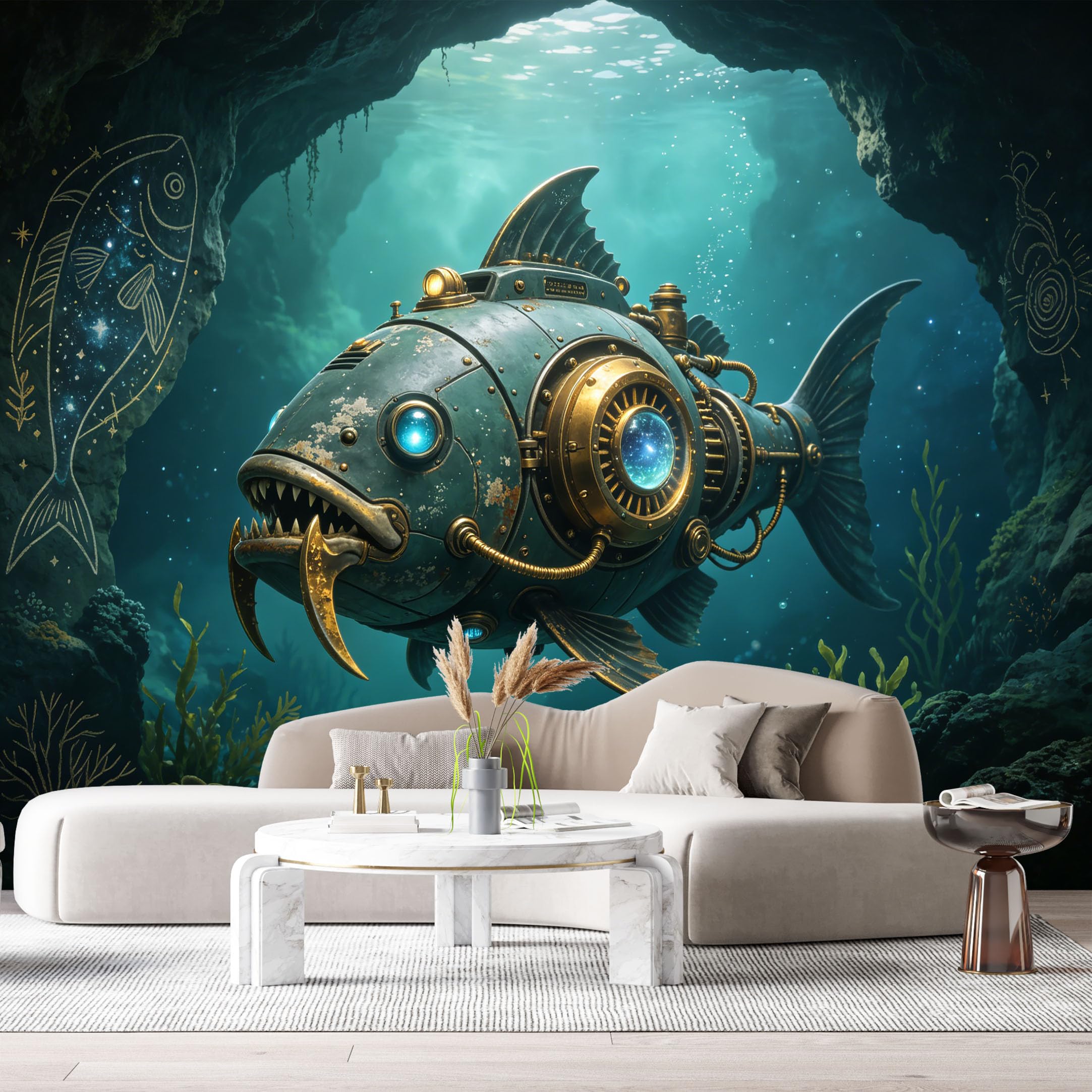 Custom Size Wall Mural Steampunk Mechanical Fish Submarine Deep Sea SciFi Metal Armor Futuristic Art SelfAdhesive Art Prints Removable Large Wallpaper Esports Room Game Room Studio