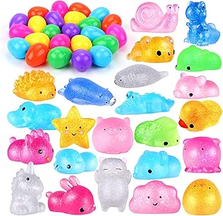 UFUNGA 24 Pcs Easter Basket Stuffers with Squishy Toys, Prefilled Easter Eggs with Glitter Mini Soft Animals, Squishy Stress Relief Toys for Easter Basket