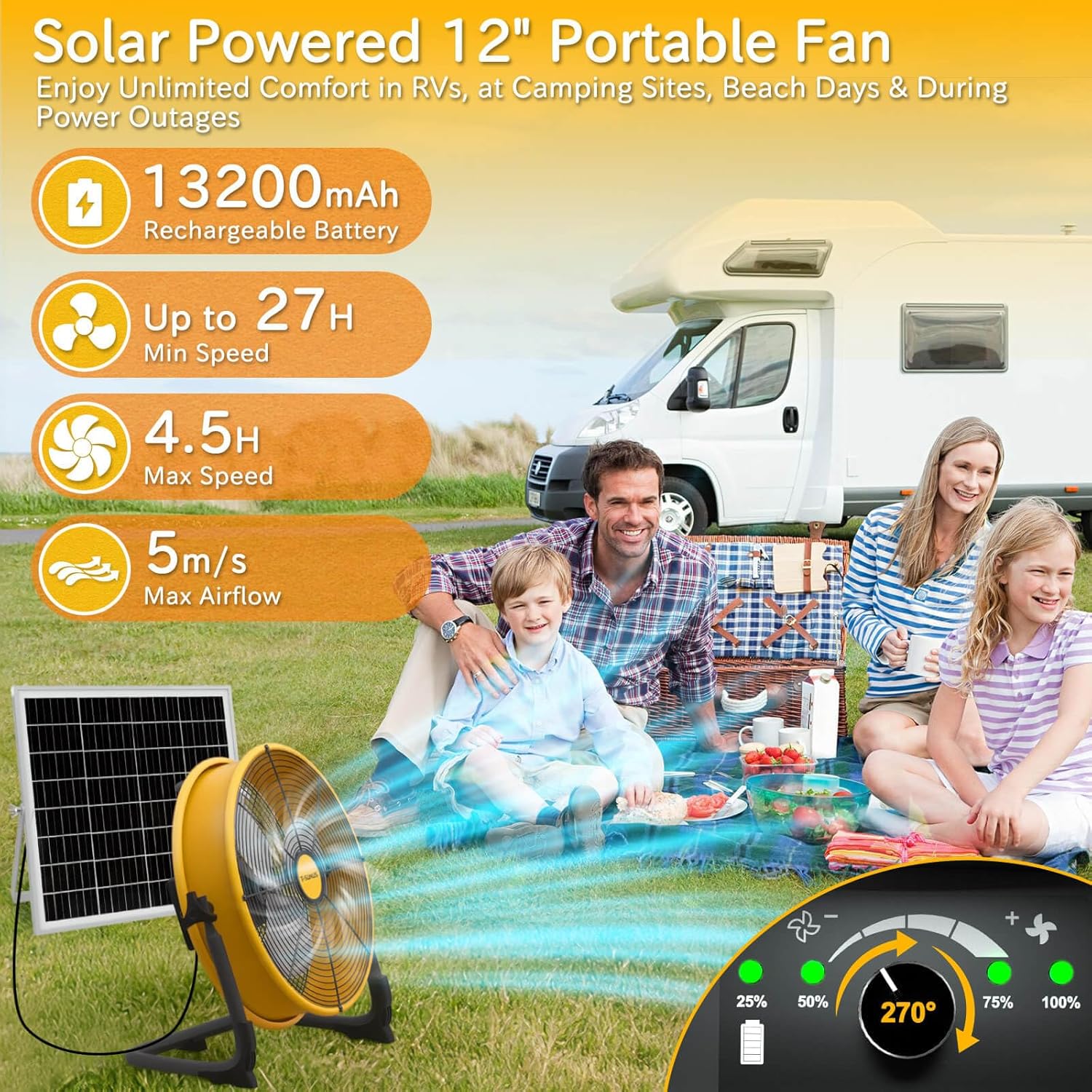 T-SUNUS 12" Solar Floor Fan with 20W Panel & 13200mAh Battery, 1500 CFM Strong Airflow, 4.5-27H Runtime, USB Phone Charging, 360° Tilt, Quiet for Camping, Patio, Garage, Shed, Tent, RV, Outdoor