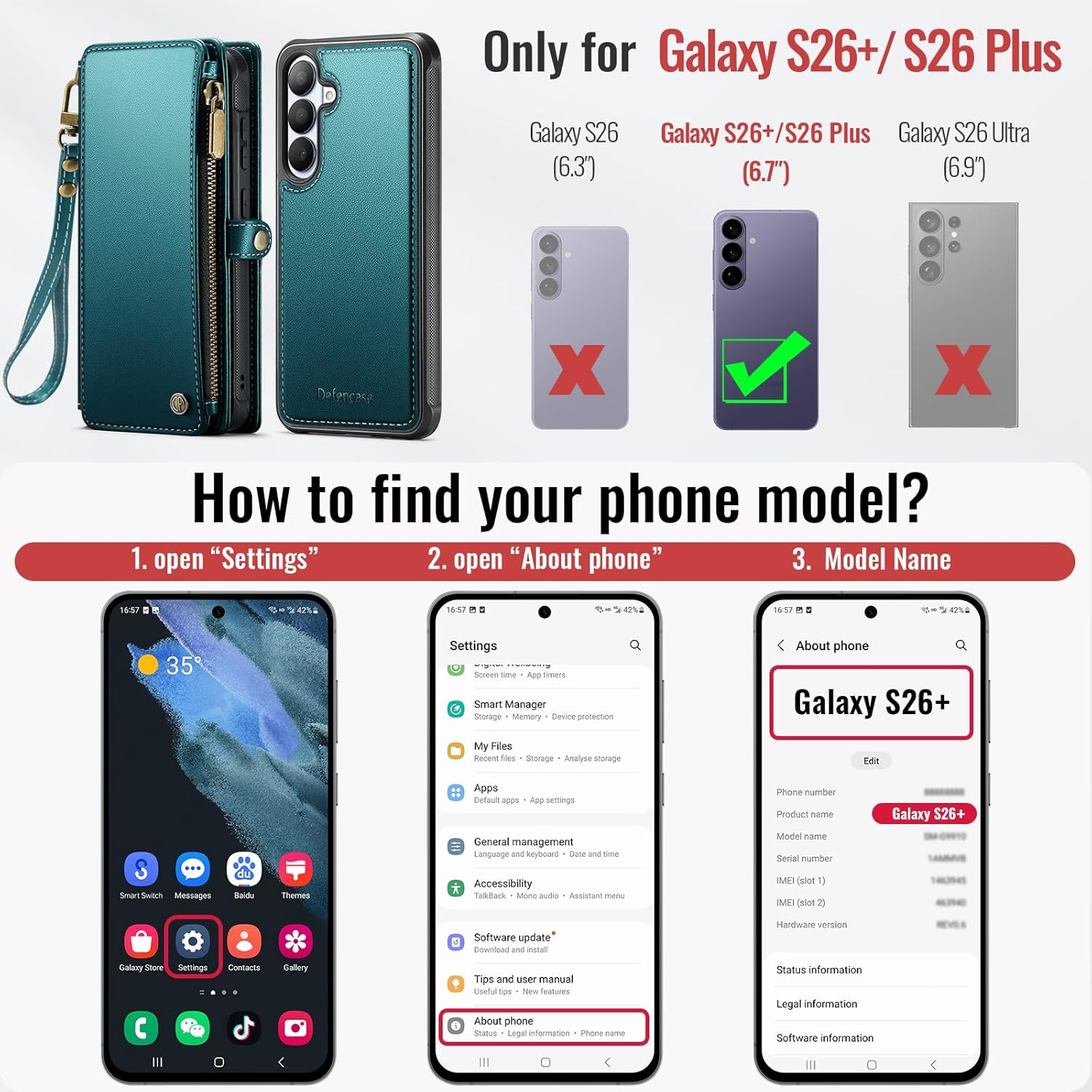 Defencase for Samsung Galaxy S26+/ S26 Plus Magnetic Wallet Case Compatible with Magsafe with RFID Blocking Zipper & Card Holder, PU Leather Detachable Phone Case for Galaxy S26+/ Plus 6.7, Blue Green