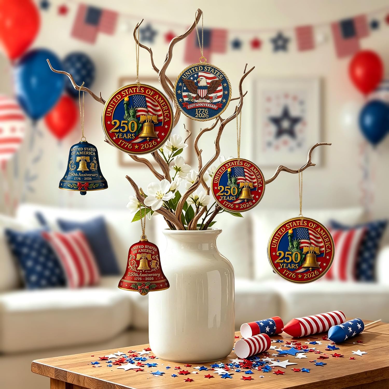 4pc 250th Anniversary Patriotic Ornament 250 Anniversary USA Decorations, 4th of July Ornament Memorial Day Decorations for Tree, Acrylic Red White Blue Decor for Patriotic Proud Veterans Gift