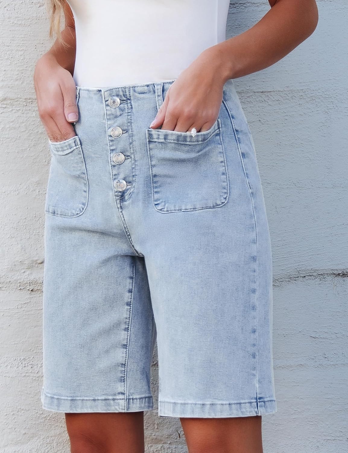 luvamia Bermuda Shorts for Women Jean High Waisted Trendy Patch Pockets Casual Summer Button Fly Stretchy Denim Shorts - Image 6