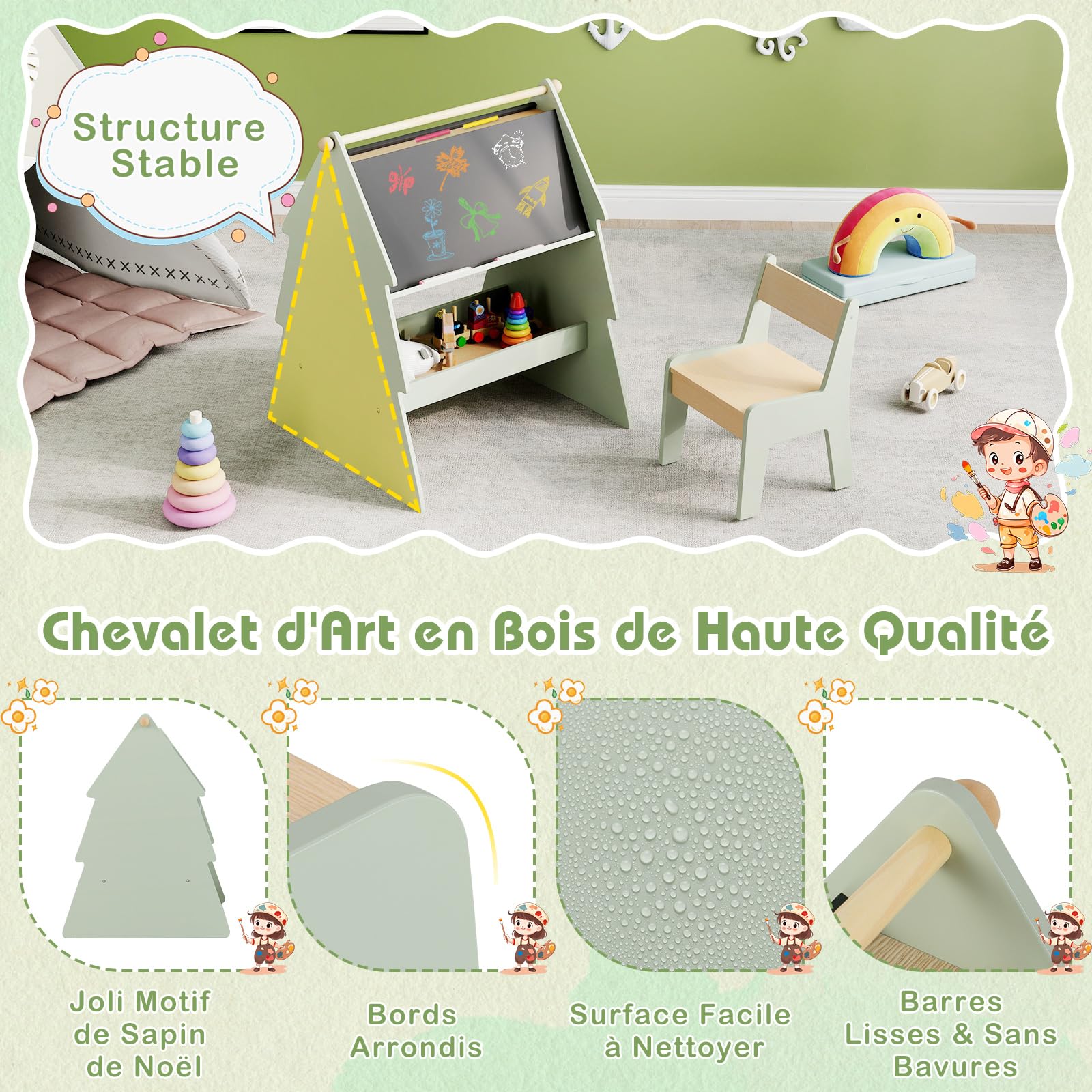 GOPLUS Tableau Chevalet Enfant Double Face en Forme d'Arbre, 2 en 1 Table à Dessin Rouleau de Papier et Étagère de Rangement,