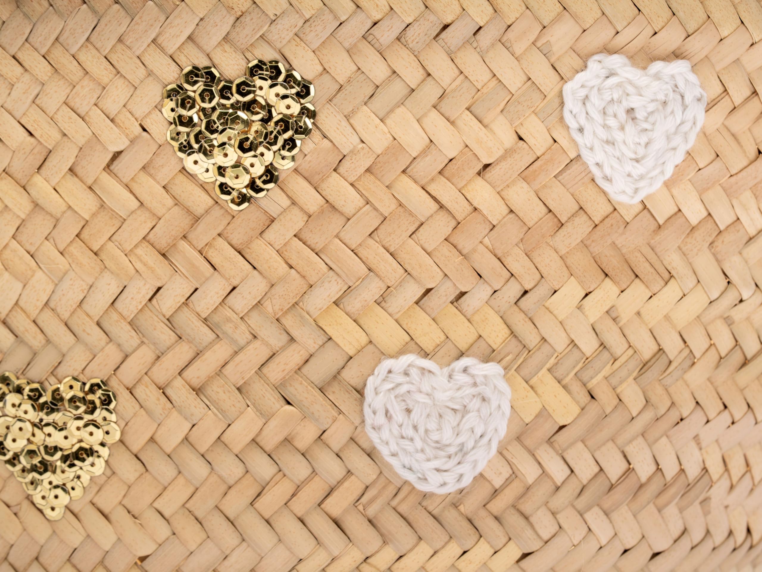 Capazo de playa paja, Bolso de mujer de palma con Corazones, doble Asas de Cuero, Pompón Decorativo, Aprox.: 45x28x18 cm, Natural
