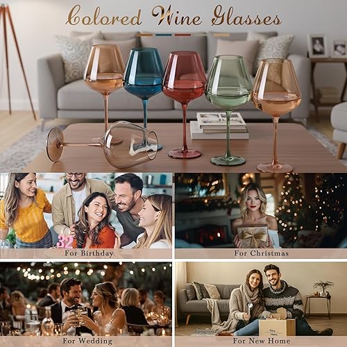 Miniatura 6 de Physkoa Juego de copas de vino de colores Burgendy de 6 a 18 onzas, copas de vino coloridas sopladas a mano con tallo largo, copas de vino
