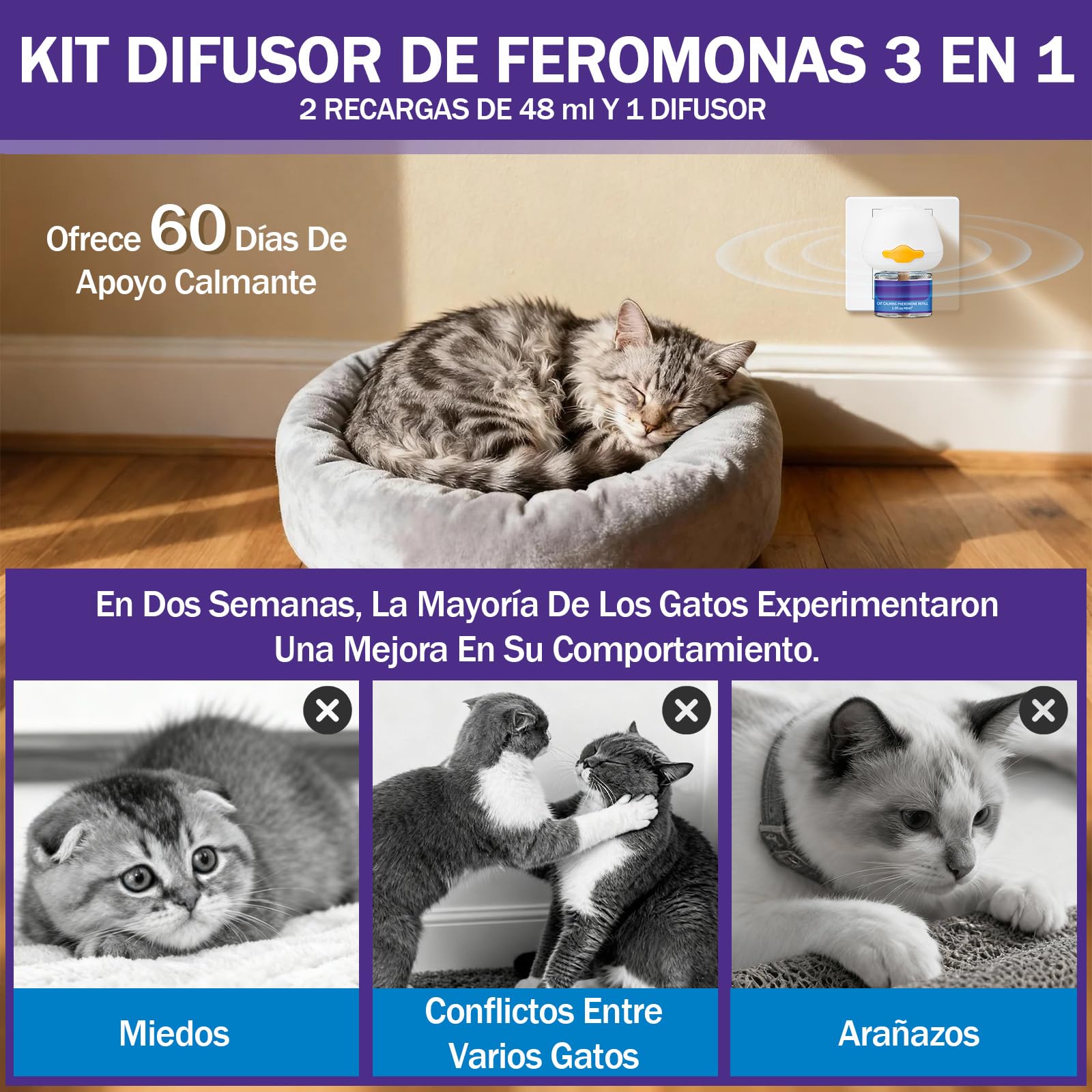 Difusor de Feromonas para Gatos - Enchufe Calmante para Relajación, Kit con 1 Difusor + 2 Recargas de 48ml - 60 Días de Confort
