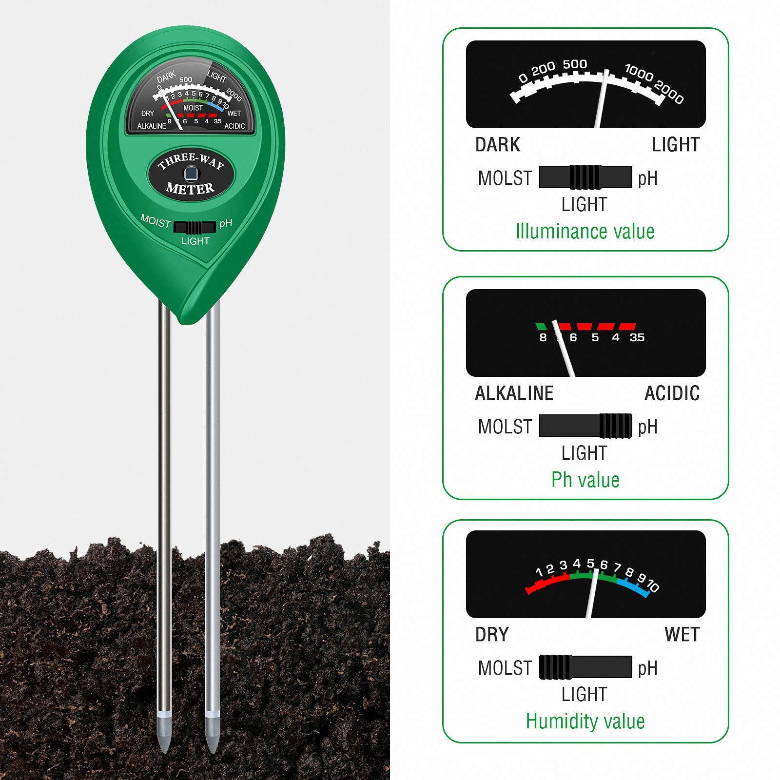 apine Soil Moister Meter, 3 in 1 Soil pH Tester, Soil Test Kit for