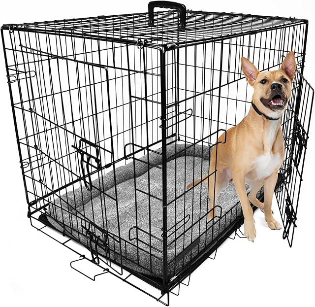 Dog Crate, Dog Cage, Foldable Puppy Crates with Bed, Non-Chew Plastic Removable Tray, Folding 2 Door Crate, Medium Size 30-inch (76.2cm) Black