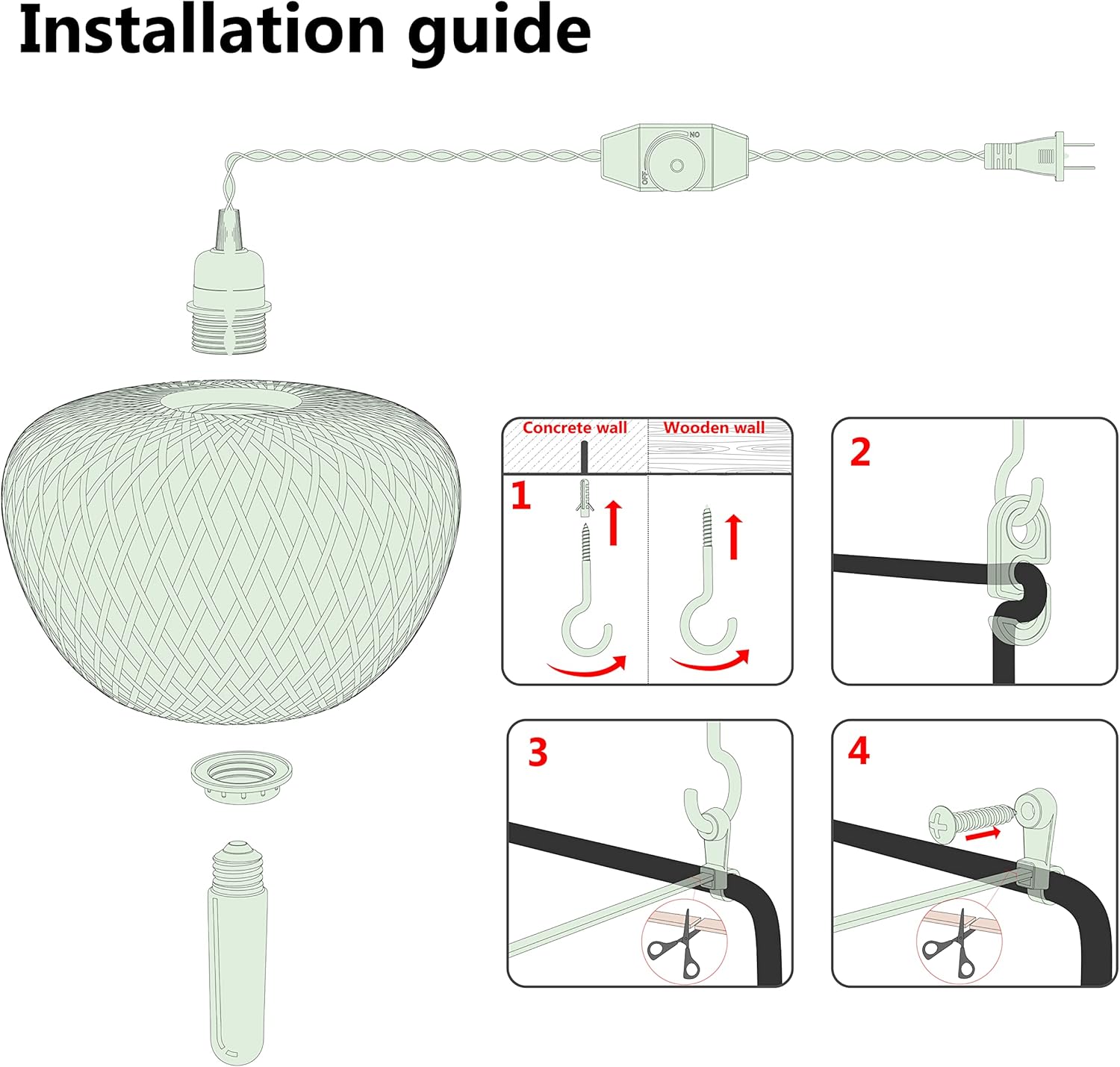 YIIZON Plug in Pendant Light Fixture with Hand Woven Bamboo Lamp Shade Dimmer Switch Hanging Lights with Plug in Cord Boho Wicker Rattan Hanging Lamp for Living Dinning Room Bedroom Kitchen Island - - 