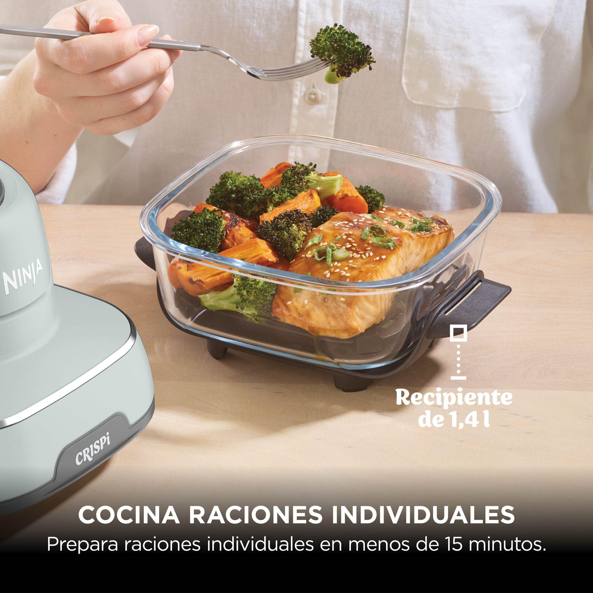 Ninja CRISPi Freidora de Aire portátil, 3,8 l, 4 en 1, freír con Aire, Asar, Mantener Caliente y gratinar, compacta, Incluye 2 recipientes de Vidrio extraíbles y Tapas, 1700 W, Piedra, FN101EUST