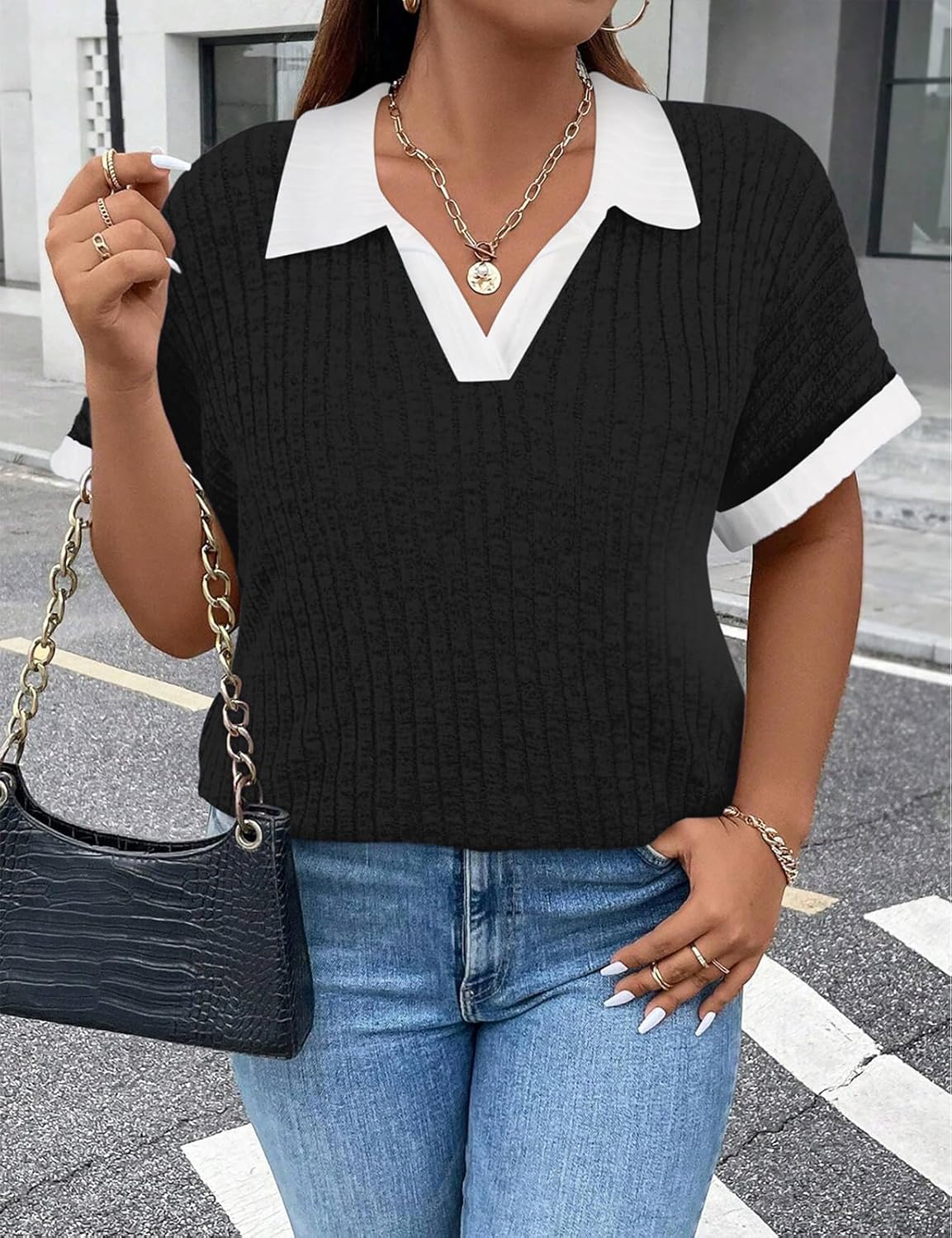 Koscacy Womens Plus Size Tops Short Sleeve Tunic Lapel V Neck Shirts Summer Casual Loose Blouse - Image 4