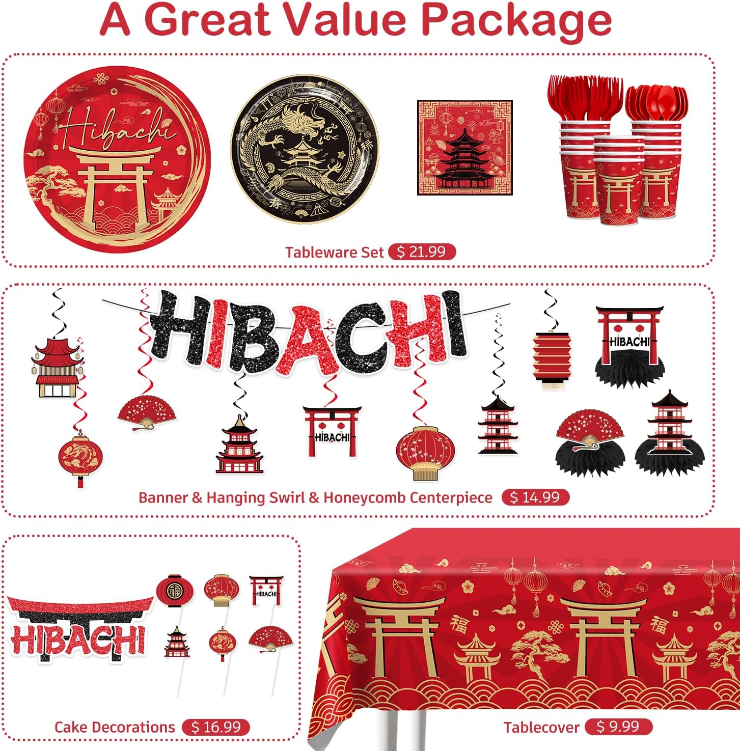 205pcs Hibachi Party Decorations for 25 Guests, All-in-one Set with NO-DIY Banner, Balloons, Cake & Cupcake Toppers, Plates, Napkins, Tablecloths–Easy Assembly Japanese Party Decorations