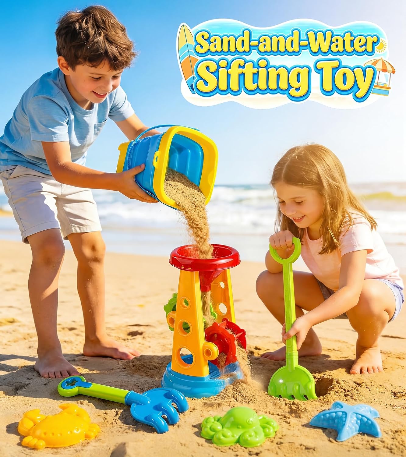 collapsible beach sand toys for kids toddlers, collapsible sand bucket with water wheel sifter shovels set with mesh bag and sand molds, travel beach sandbox toys for boys girls 3 4 5 6 7 8 9 10+