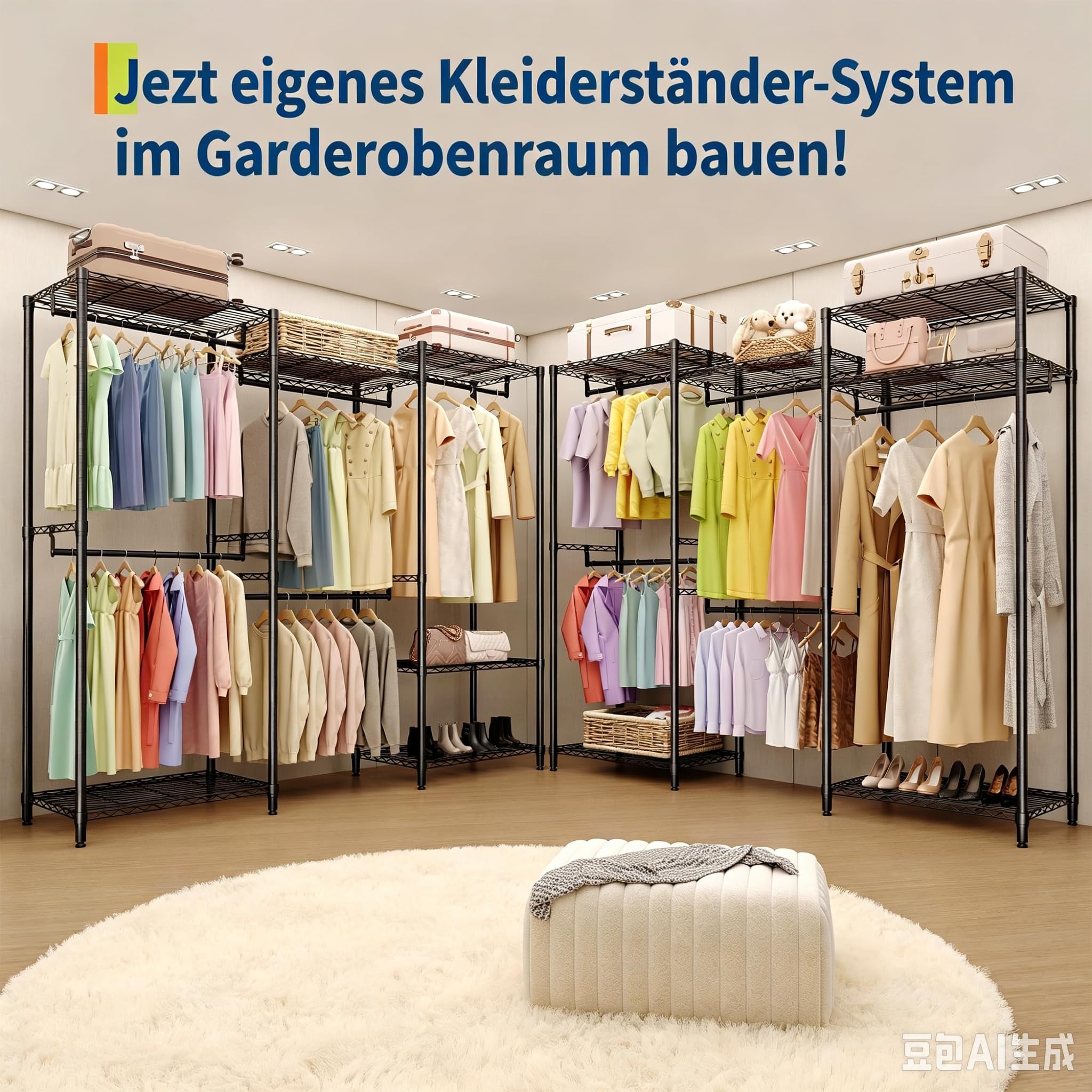 Garvee Kleiderständer Schwerlast Garderobenständer Metall Offener Begehbarer Kleiderschrank Großes Schranksystem DIY Kleiderregal mit 5 Hängestangen & Ablagen für Schlafzimmer Schwarz