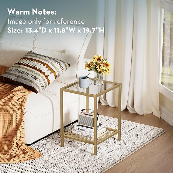 SAYGOER Glass Side Table Small Gold End Table for Narrow Space 2-Tier Square Nightstand with Storage,13.3 x 11.8 x 19.7,Modern Bed Side Table with Metal Frame for Bedroom Living Room, Easy Assembly