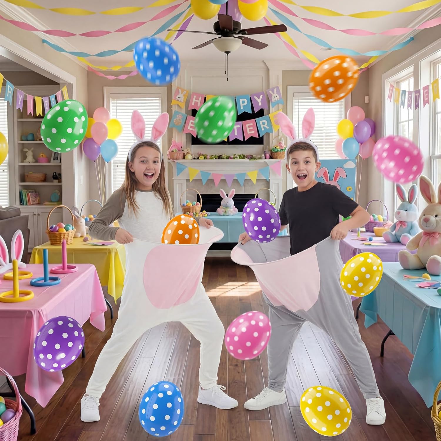 Hollowfly 20 Pcs Easter Granny Pants Outdoor Games Giant Granny Pants with Inflatable Egg Balls Air Pumps Bunny Ear Headbands Tails Funny Yard Spring Tossing Game for Family Party Gathering
