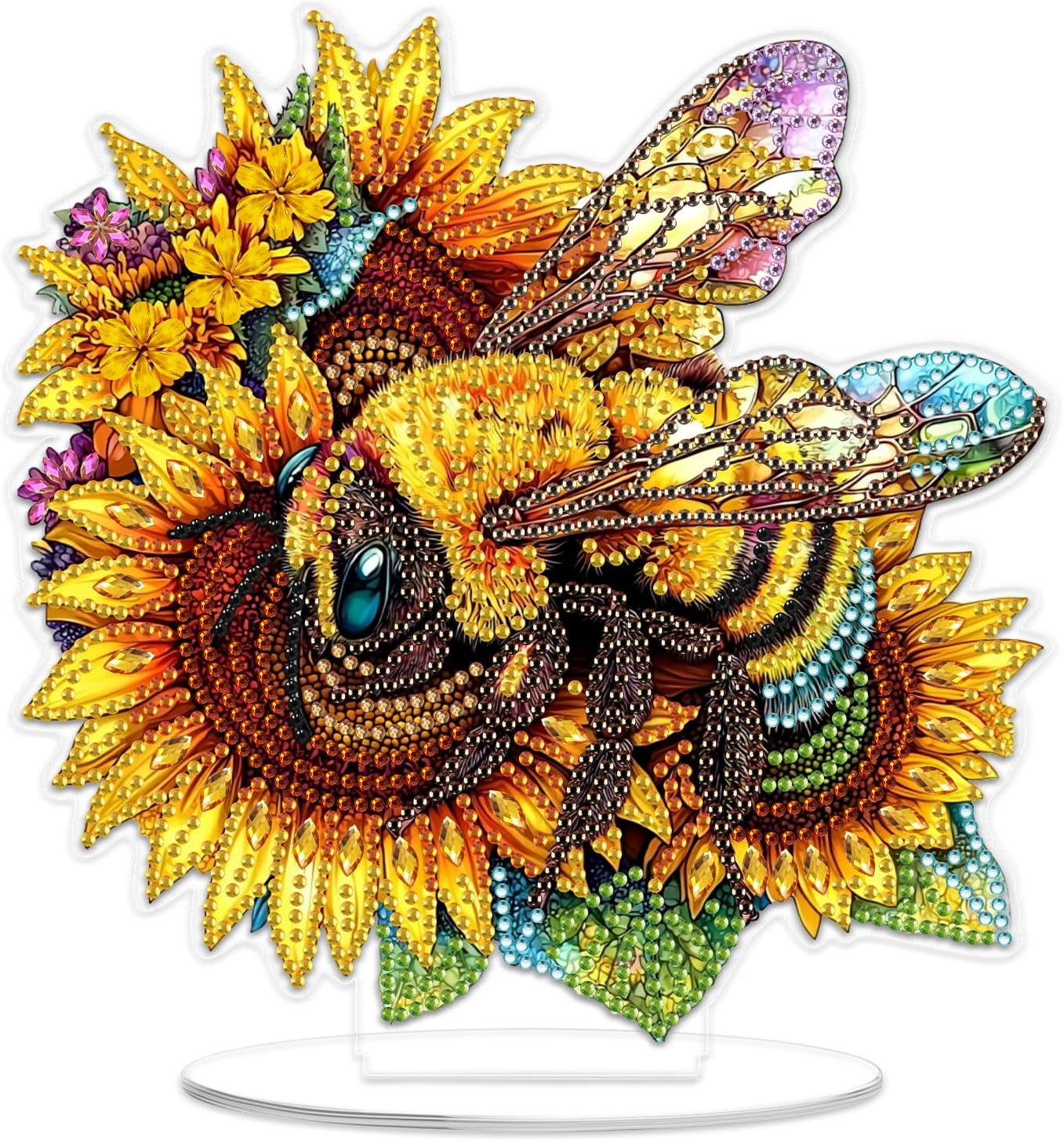 SENQAO Bee Diamond Painting Kits Desktop Ornaments for Adults DIY Flower Special Shaped Crystal Diamond Art Tabletop Kit, Stand Up 5D Gem Painting Crafts for Home Office Table Top Decor