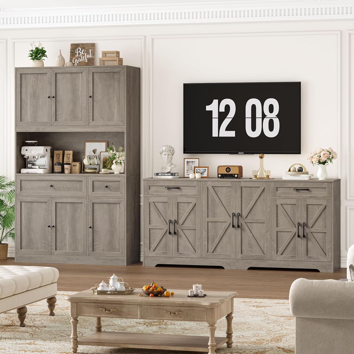 2PCS Kitchen Cabinets, 71” Large Sideboard Buffet Cabinet with Storage, 72" Tall Pantry Cabinet with Microwave Stand, Wood Coffee Wine Bar Console Table for Kitchen, Dining Room (Ash Gray)