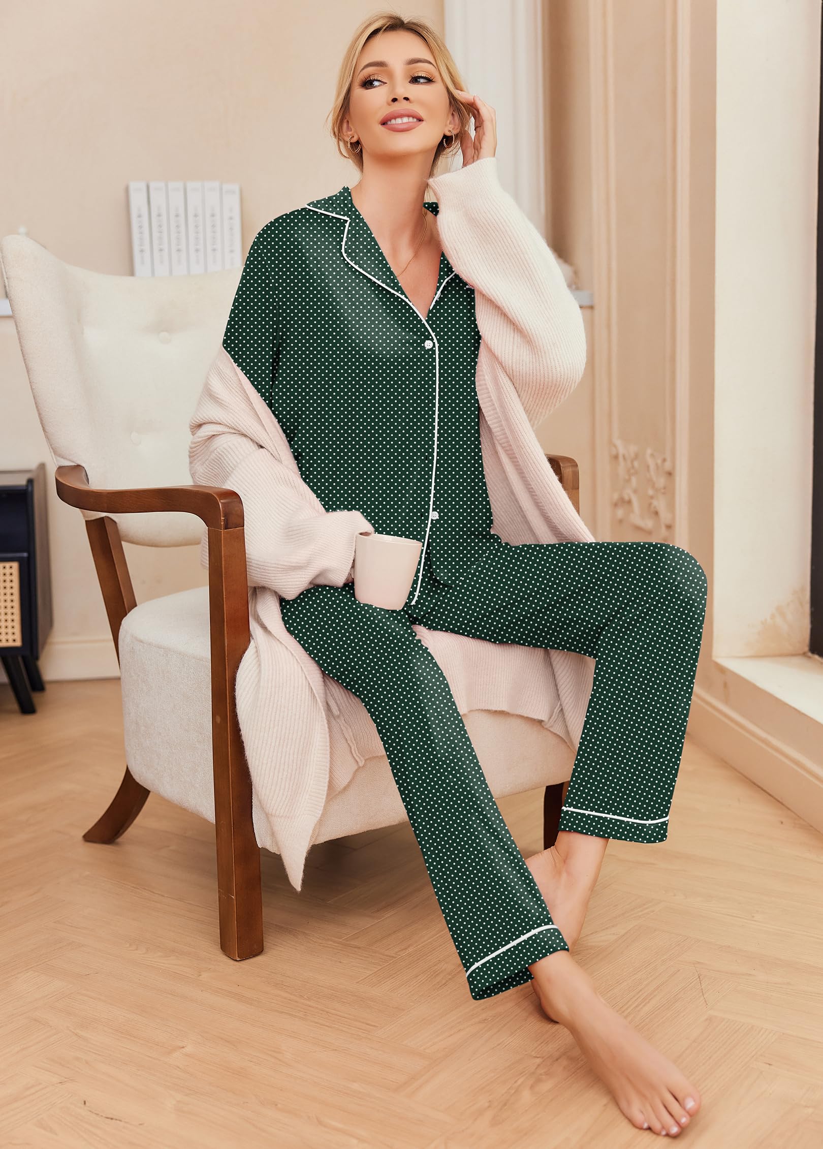 Ekouaer Pajamas Women's Long Sleeve Sleepwear Soft Button Down Loungewear Pjs Lounge Set Nightwear XS-XXL: Large Green With White Dots