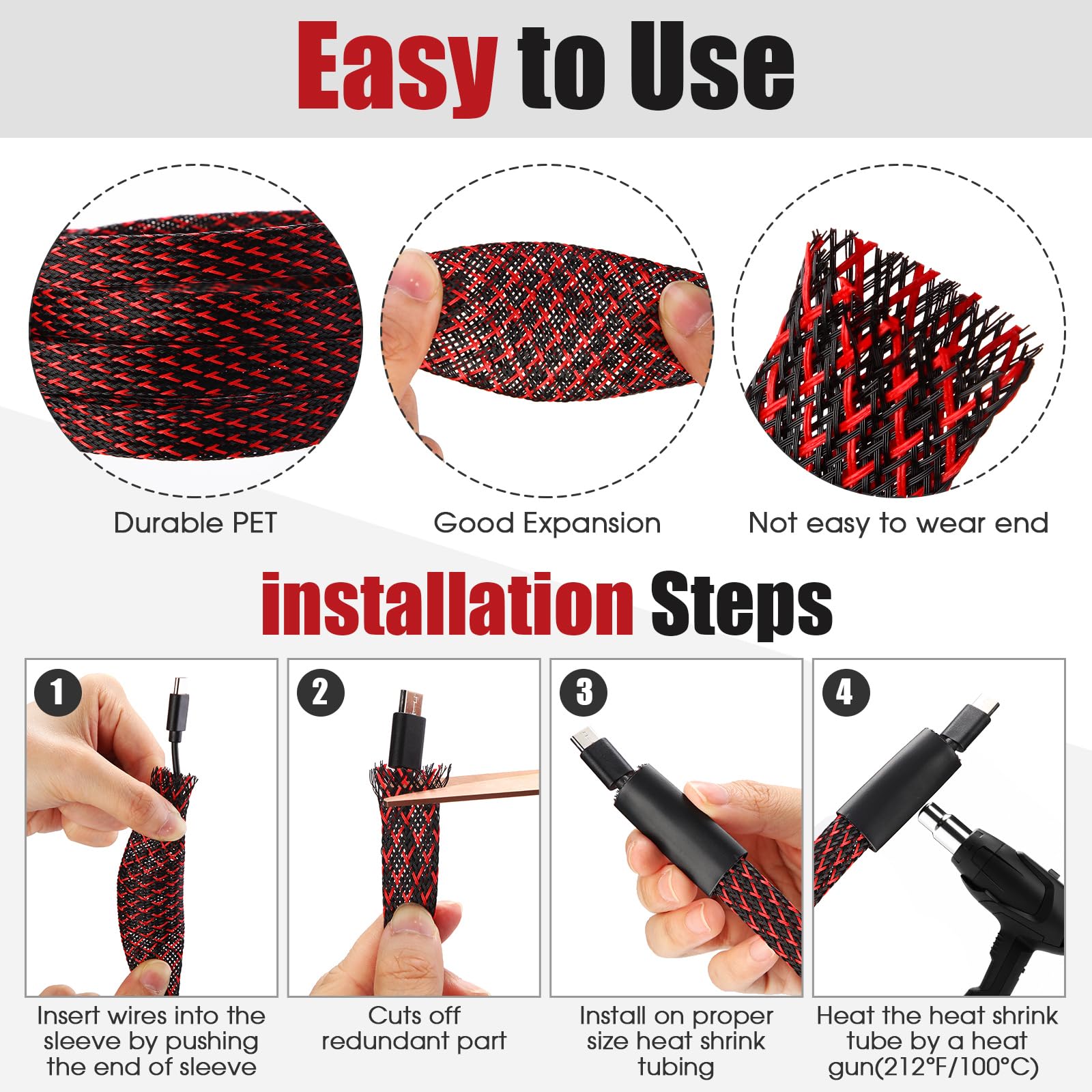 Tatuo Manchon tressé extensible - Plusieurs tailles - Avec 240 gaines thermorétractables - Pour télévision, câbles audio, ordinateurs, vidéos, animaux domestiques - 0,6 cm, 1 cm, 1,3 cm, 1,9 cm (rouge
