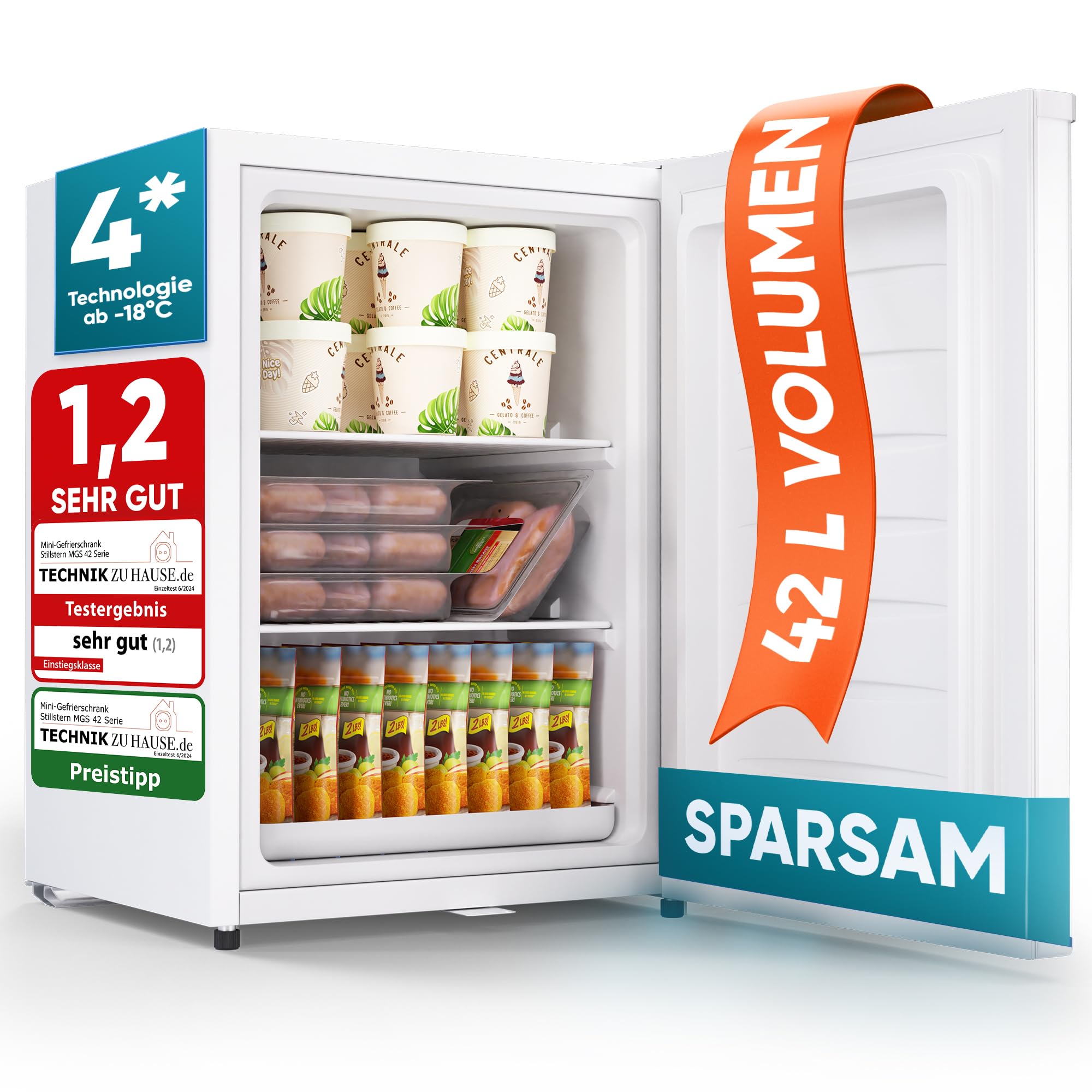Stillstern Mini Gefrierschrank (42L) -18°C, Eiswürfelschale, Schloss, Türanschlag wechselbar, 4-Sterne Tiefkühlschrank für Camping/Büro Gefriertruhe Klein Gefrierschrank Klein Tiefkühltruhe Weiß