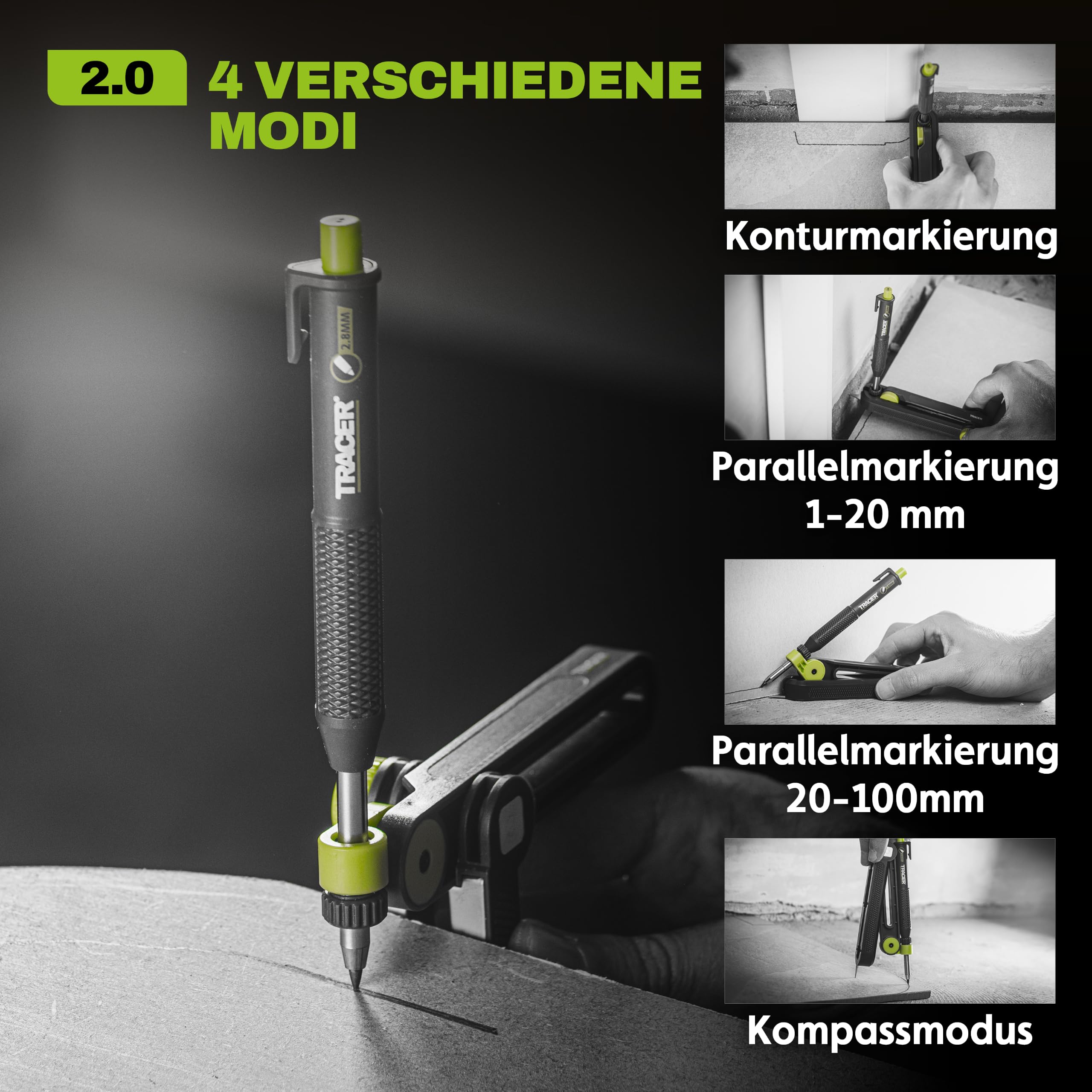 TRACER TrueScribe Anreißwerkzeug Set mit Zimmermannsbleistift, Tieflochmarker Bleistift, 12 Minen & Etui – Präzises Scribe‑Tool für Profis