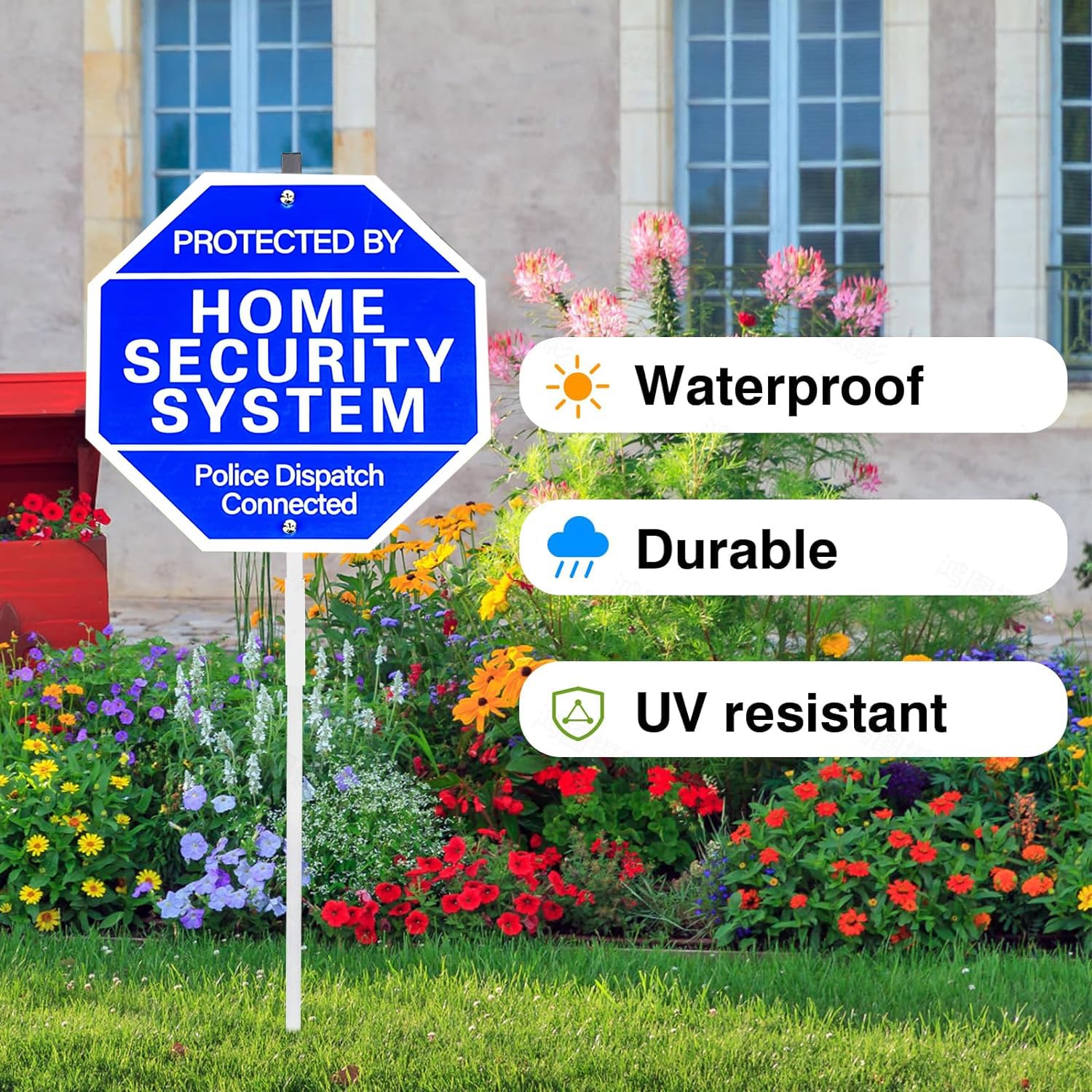 Warnschild 'Protected By Home Security System' Mit Erdspieß – 71,1x25,4 Cm, Rostfreies Aluminium, UV-geschützt