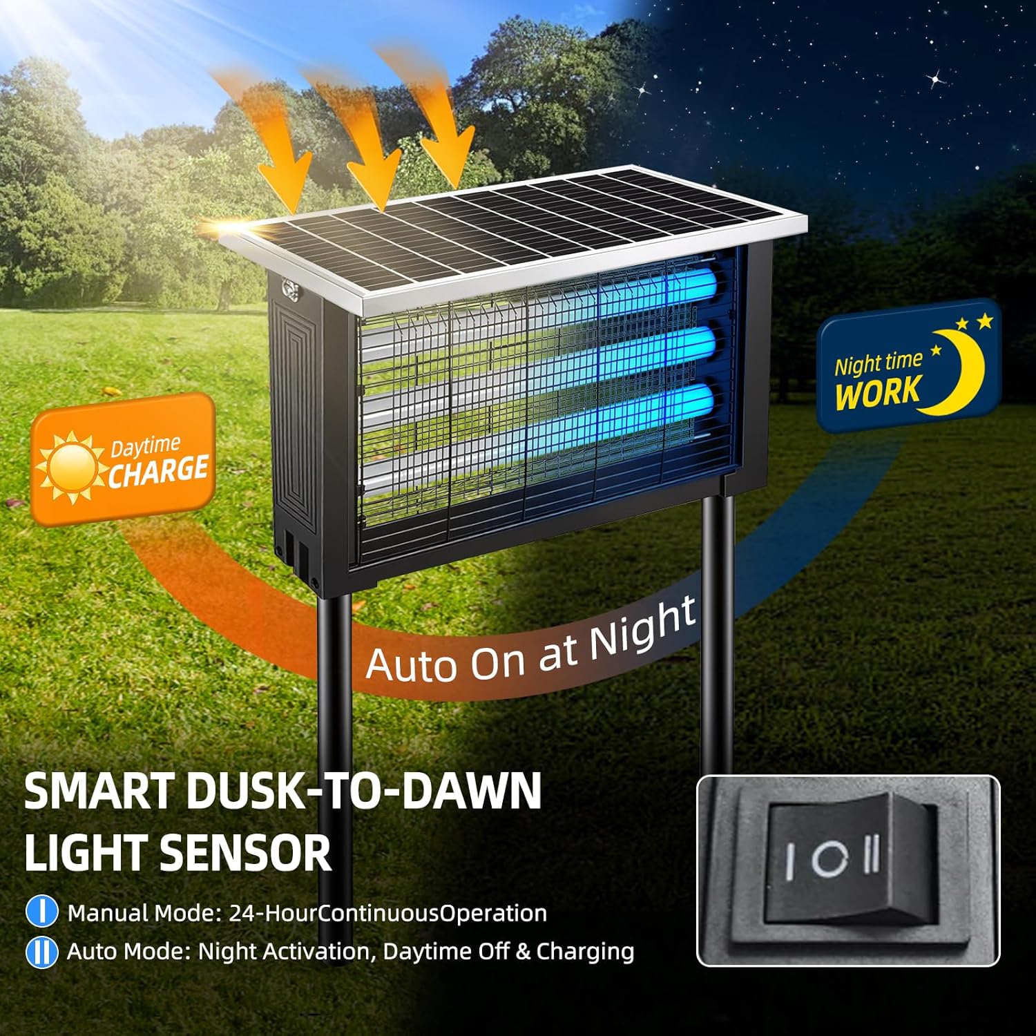 Powerful Solar Bug Zapper Outdoor with 3 LED Tube, Mosquito Zapper Waterproof Poartable Rechargeable Fly Zapper 3500V, Cordless Solar Fly Trap for Patio Garden Backyard Patio RV Camping for 3000 sq.ft