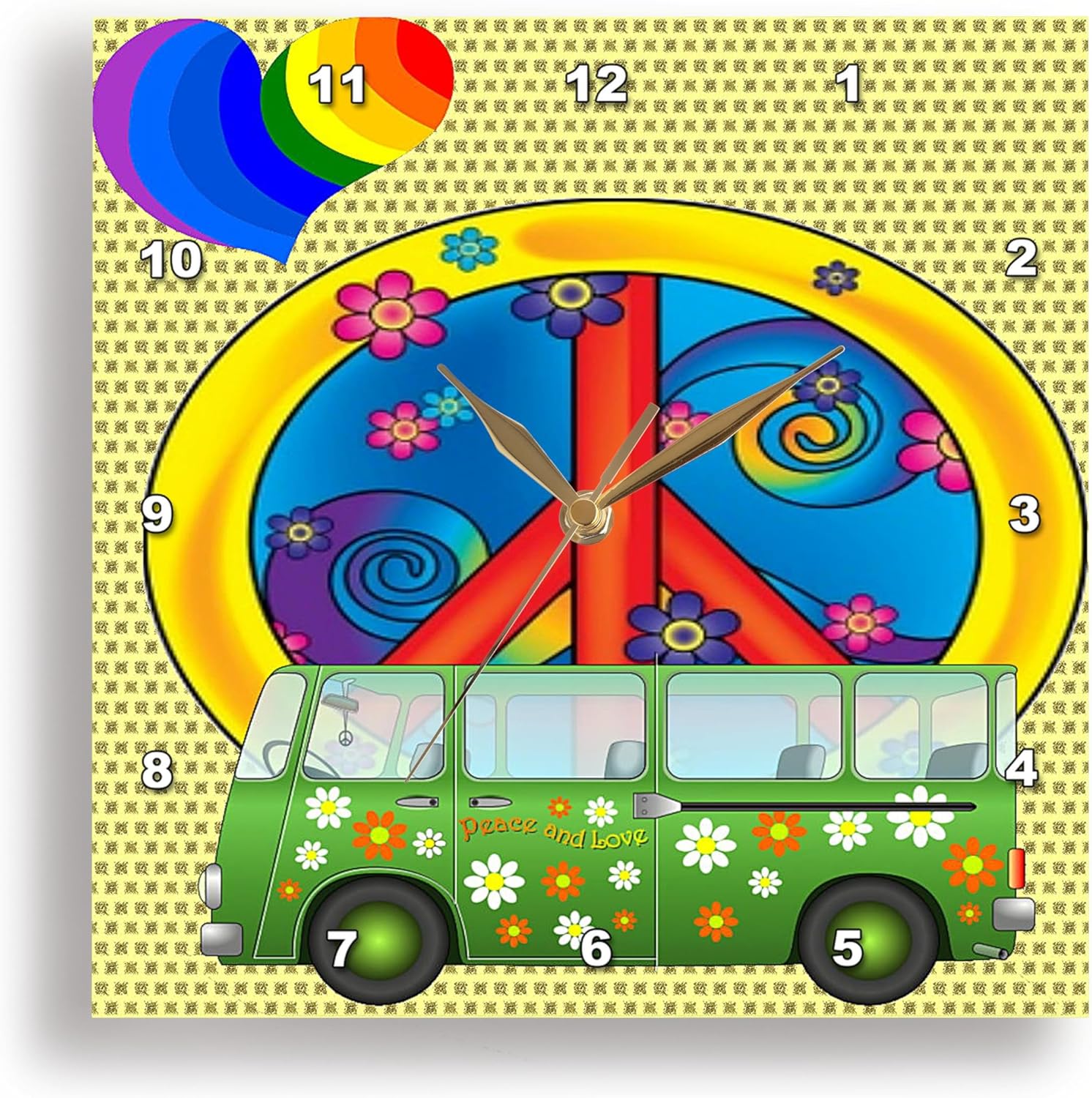 3dRose dpp_52231_2 The 60S Peace, Love, Flower Power Van and Peace Sign Art Wall Clock, 13 by 13-Inch