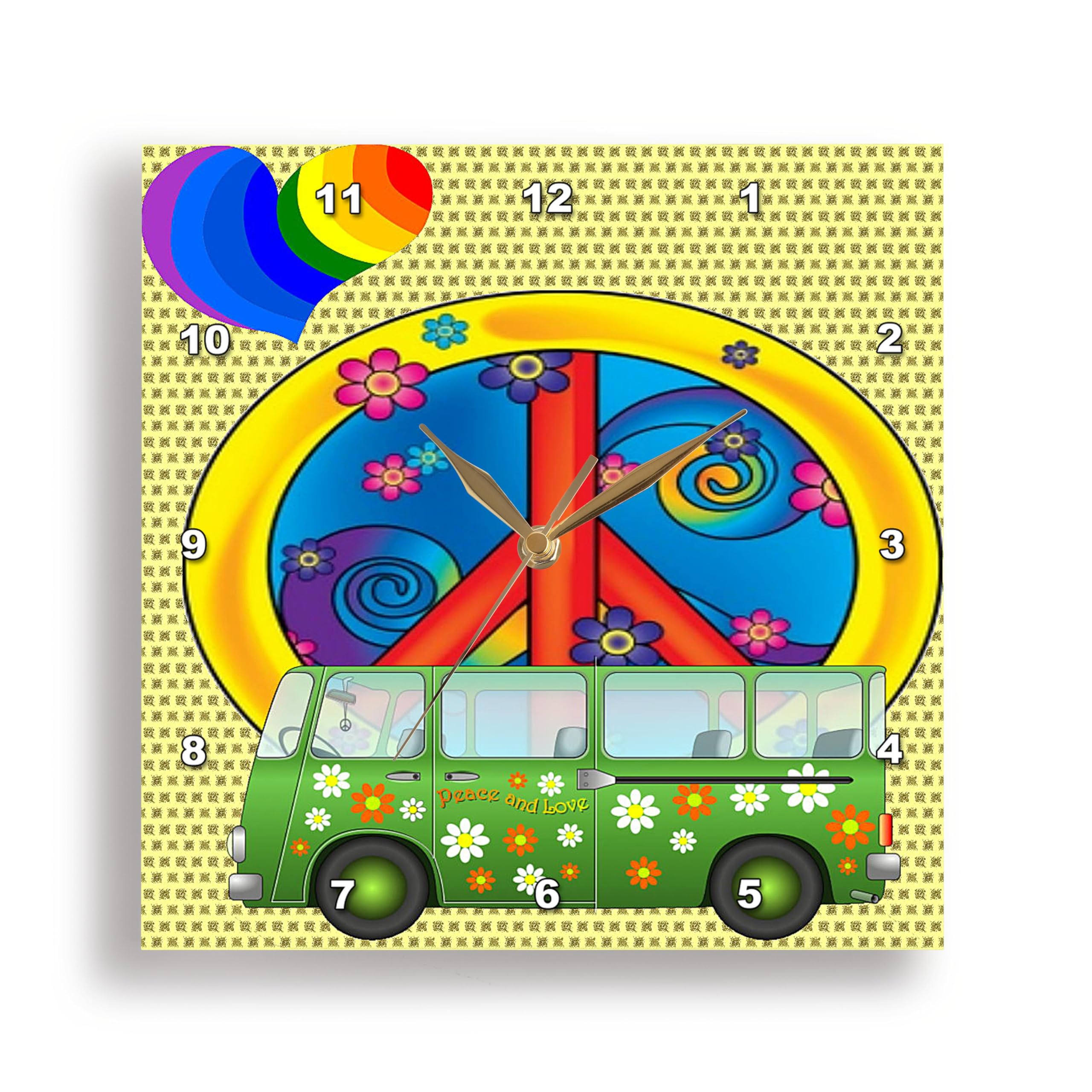 3D Rose 3dRose The 60s, Love,Flower Power Van and Peace Sign Art-Wall Clock, 15-inch (DPP_52231_3)