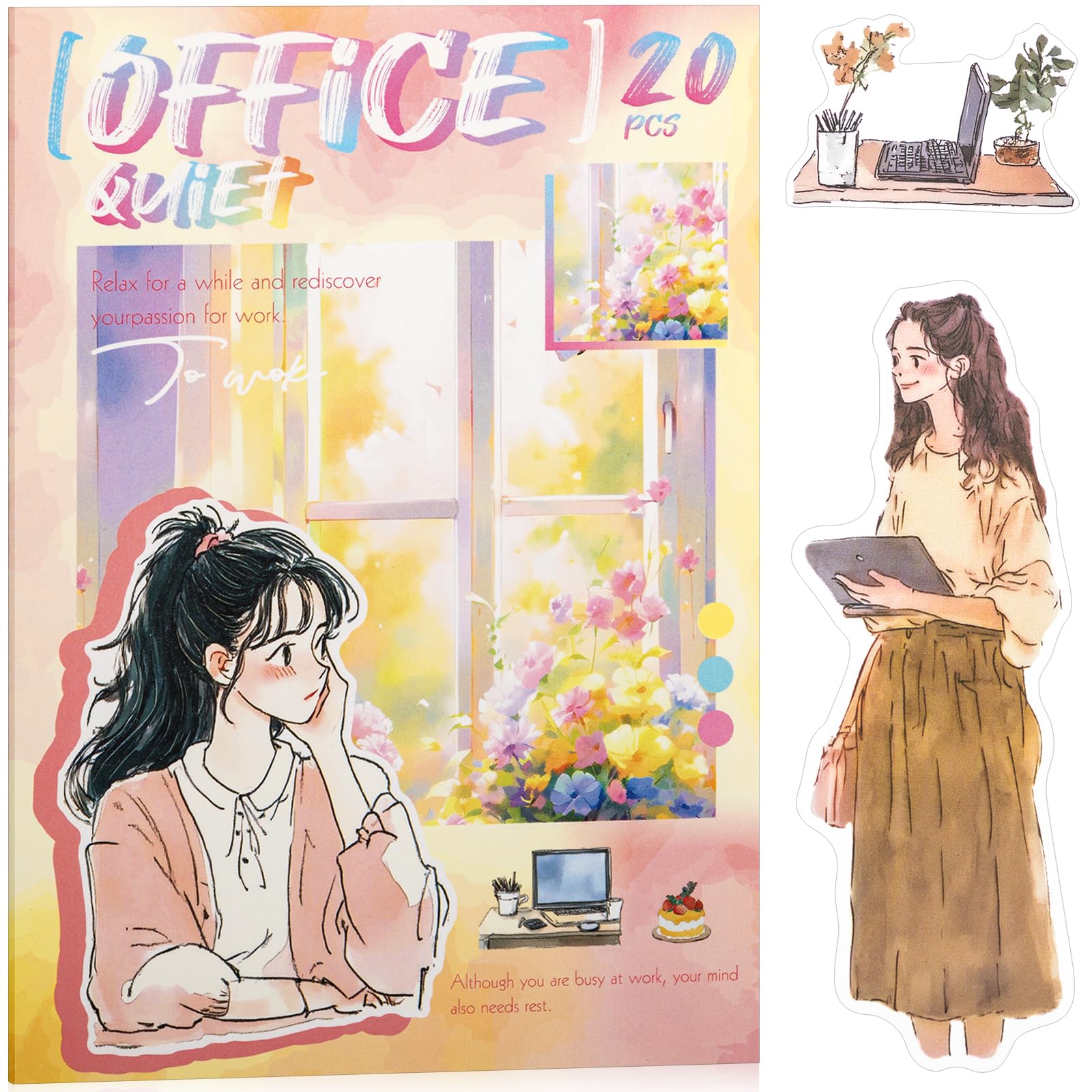 Quiet Office Sticker Scrapbooking Supplies for Junk Journal, 20 Sheets PET Stickers - Vintage Journaling Stickers, Ephemera Sticker Book Pre Cut(TZ-009-008)