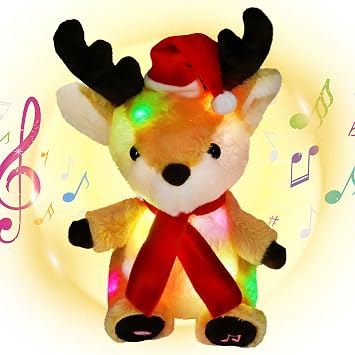 Houwsbaby Christmas Musical Light up Reindeer LED Stuffed Animals Rudolph Plush Toys Lullaby Singing Animated for Toddlers Xmas Gift Holiday,Brown,13
