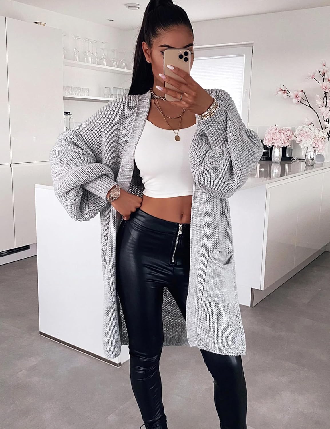 Dqbeng Womens Long Cardigan Sweaters Oversized Open Front Chunky Knit Sweater with Pockets - Image 3