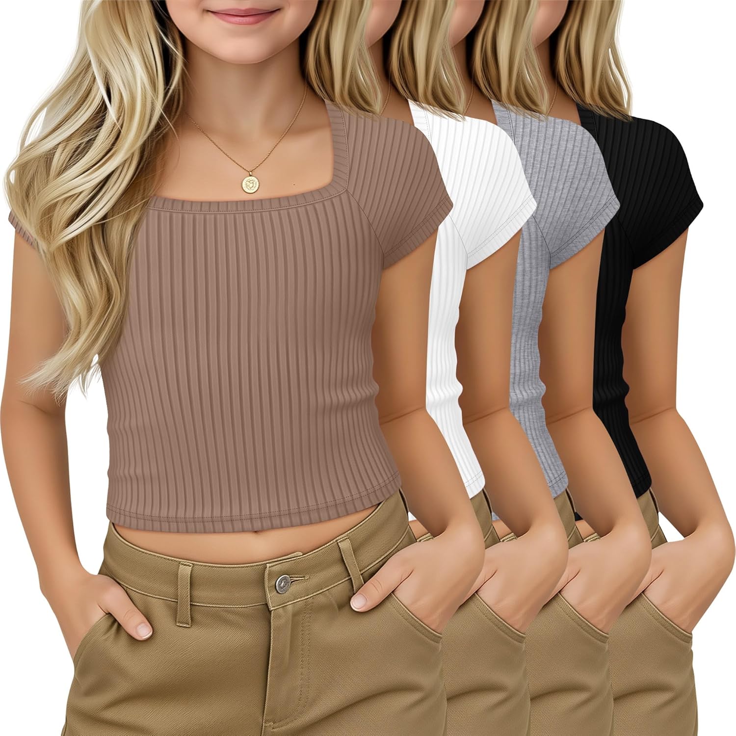 4 Pack Girls Crop Tops Ribbed Knit Short Sleeve Shirts Square Neck 5-14 Years Basic Soft Slim Fitted Tees