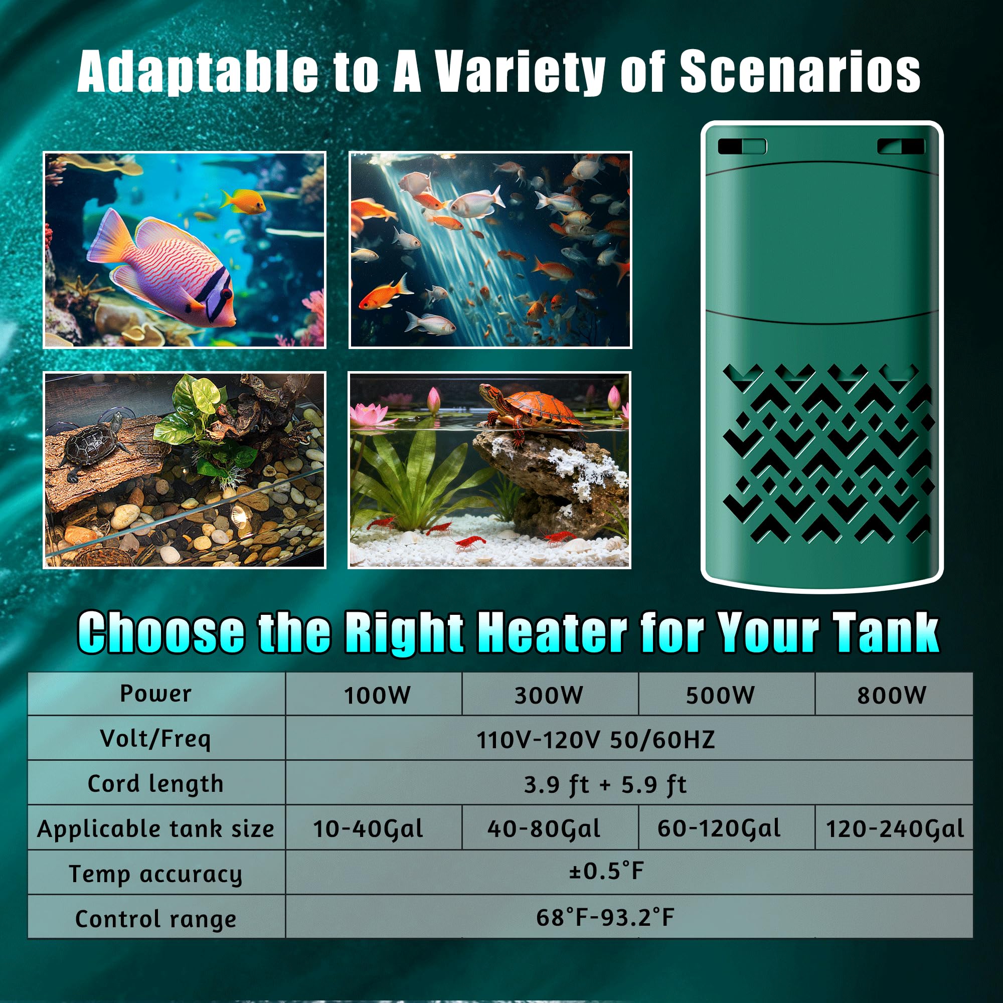 Calentador inteligente de acuario sumergible de 500 W con ahorro de energía de frecuencia variable, sondas dobles para dejar el agua automáticamente y detener automáticamente, tecnología PTC para