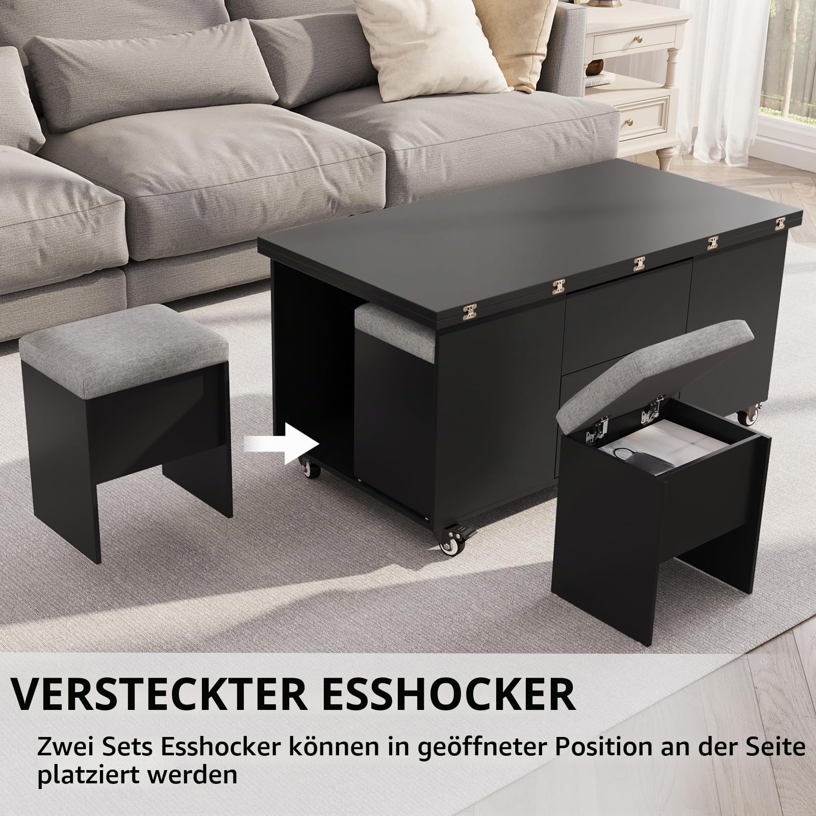 VOWNER Couchtisch Höhenverstellbar mit 4 Hockern (Schwarz)