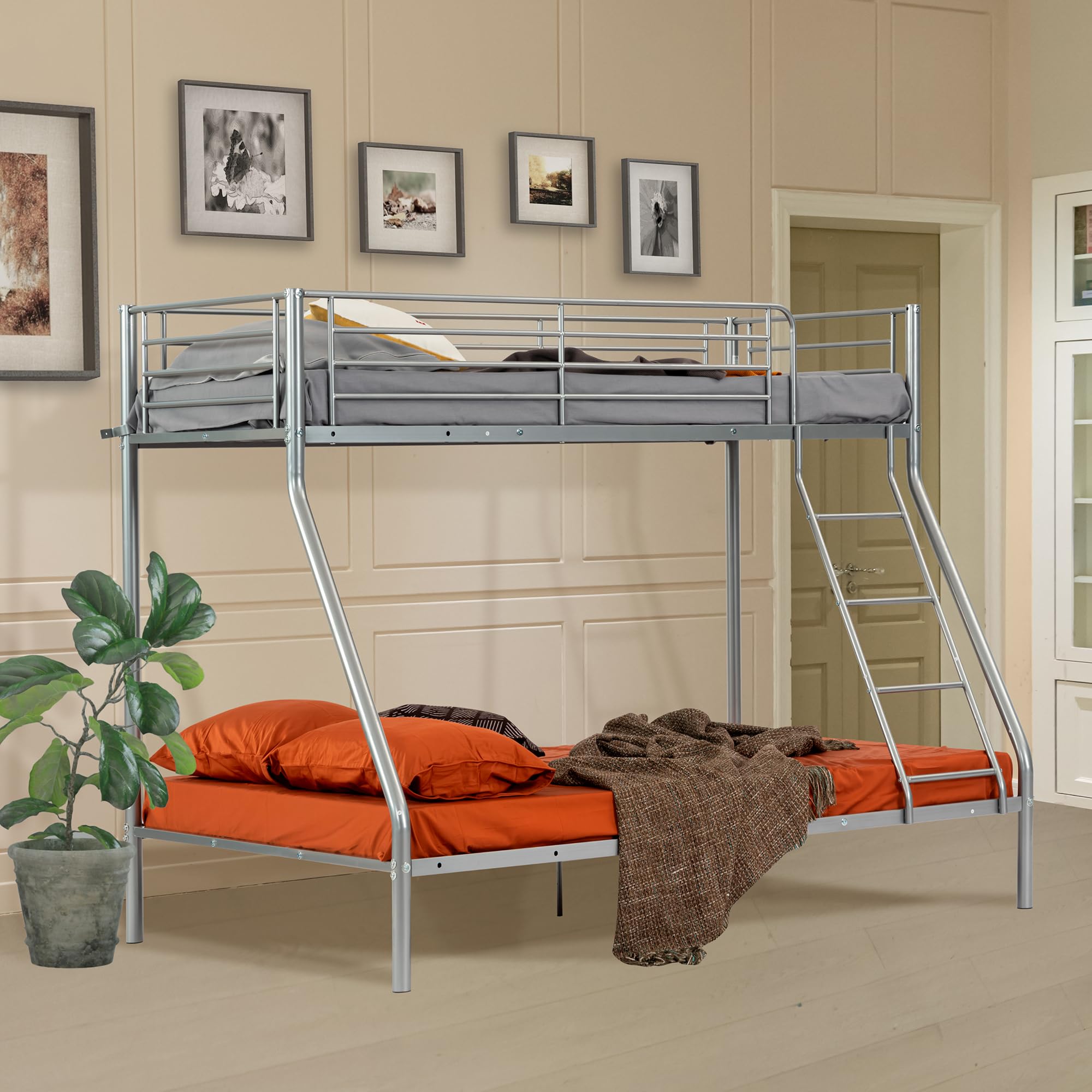 MEUBLE COSY Letto a castello a 3 posti in metallo con rete a doghe, telaio per letti 90 x 190 e 140 x 190 cm, per bambini adulti, grigio