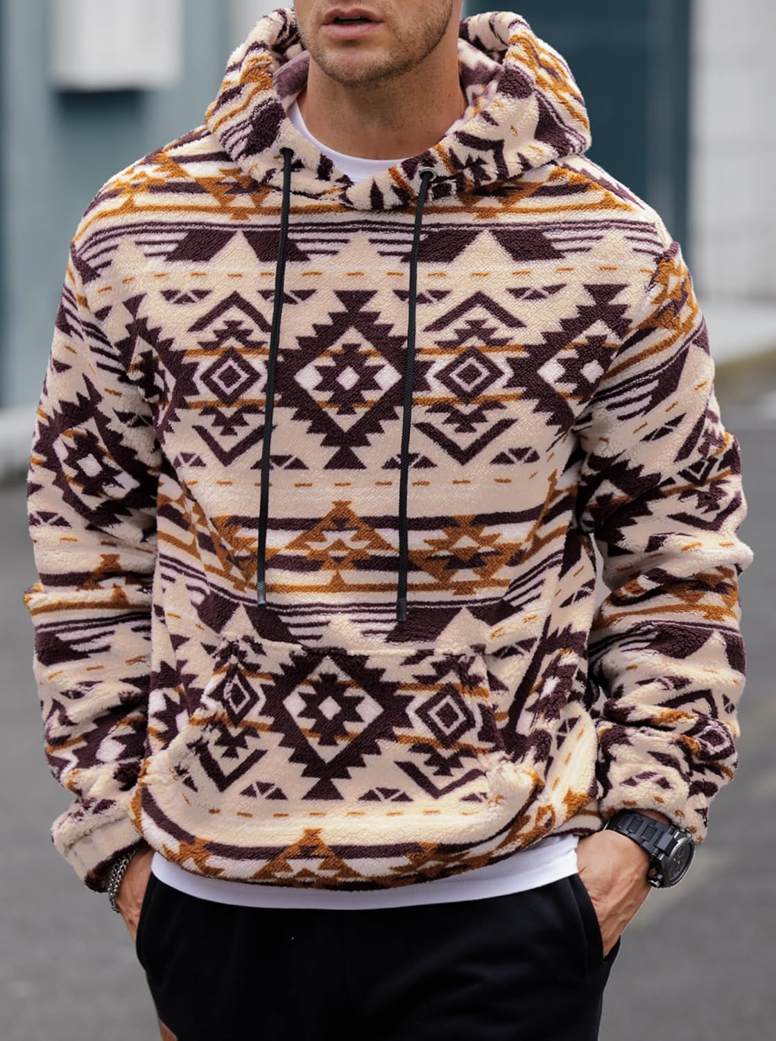 Mens Tribal Aztec Hoodie Sherpa Fluff Allover Print Long Sleeve Thermal Vintage Graphic Sweatshirt (S-XXL) - Image 3