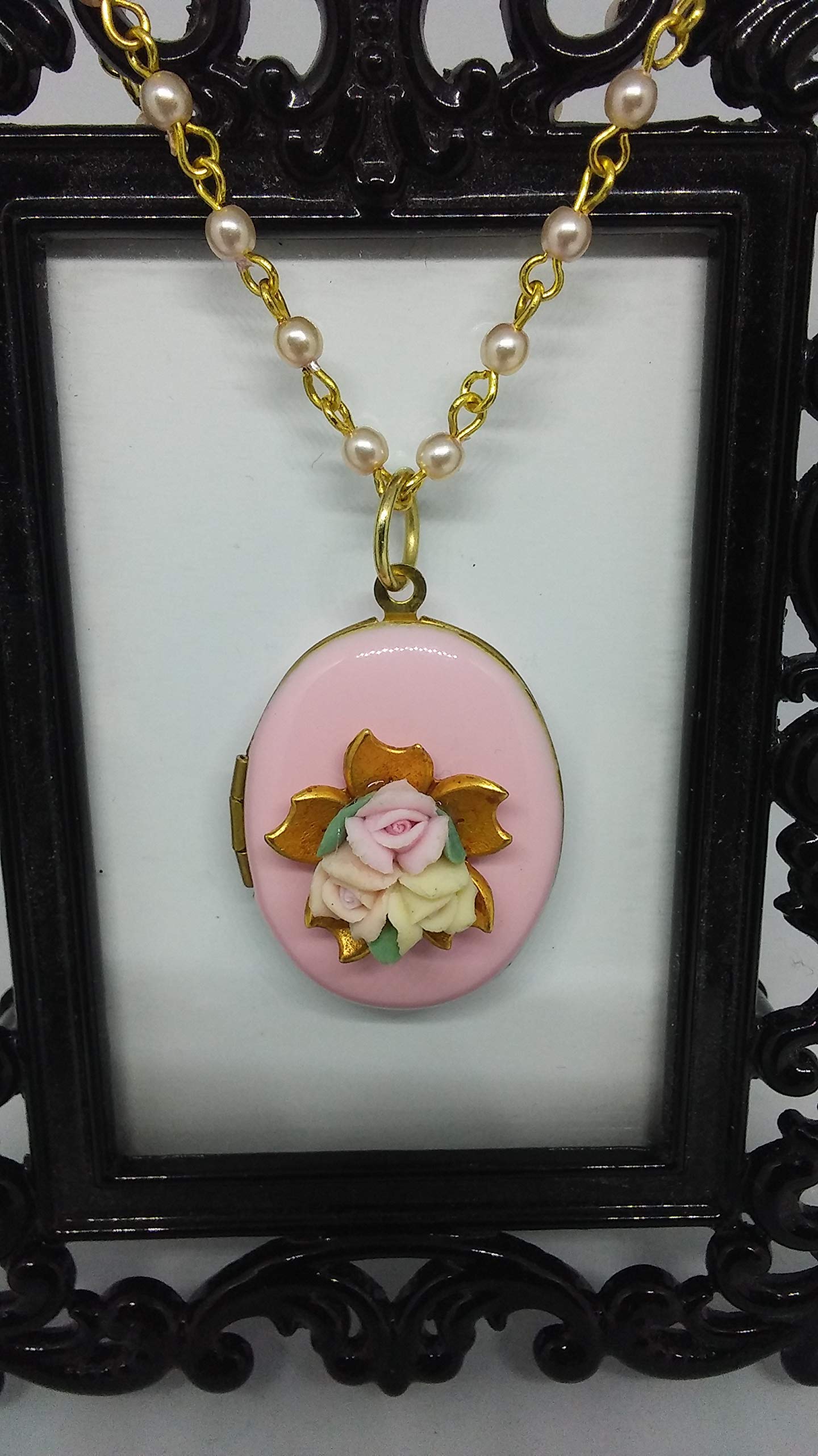 Women's handmade pink enameled and gold tone locket on pink pearl beaded chain pastel porcelain roses and gold filigree
