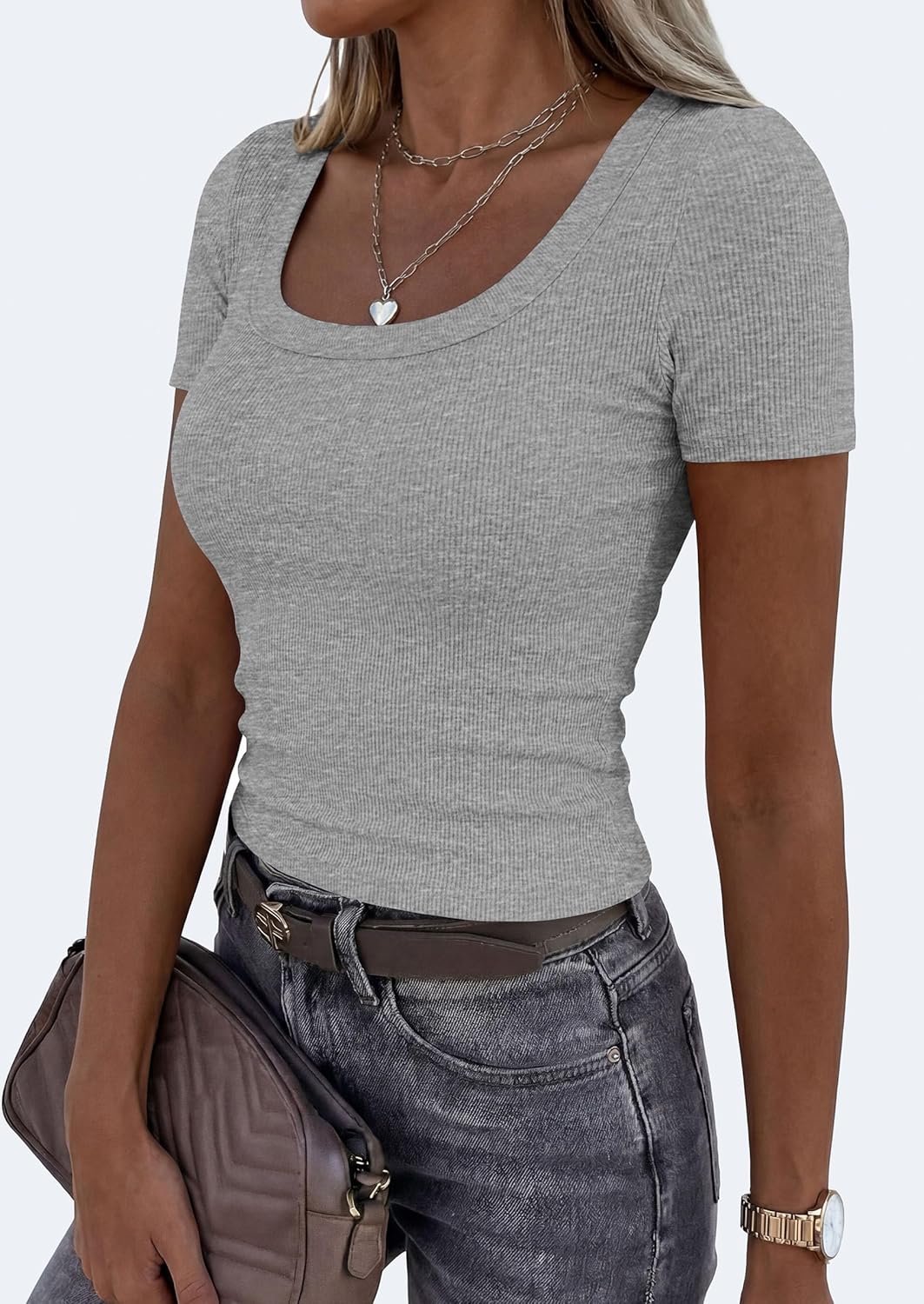 PRETTYGARDEN Scoop Neck Tops for Women 2026 Summer Basic Tees Trendy Short Sleeve Shirts Spring Casual Fitted Ribbed Tops - Image 4