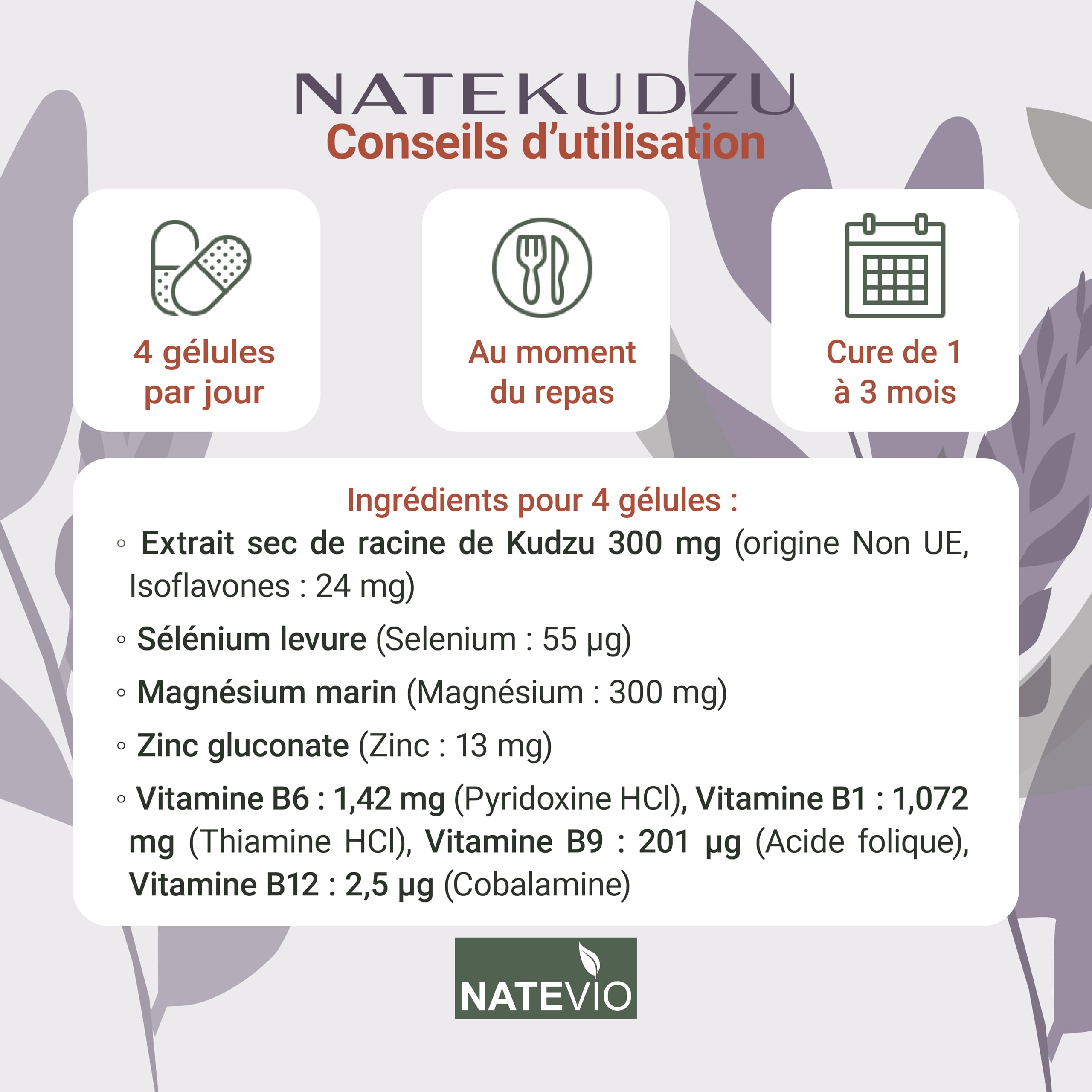 NATEKUDZU - 120 gélules - Complexe Renforcé 8 actifs (Kudzu - Zinc - Magnésium - Selenium - Vit B1 B6 B9 B12) Sevrage efficace - Complément alimentaire stress - Fabriqué en France